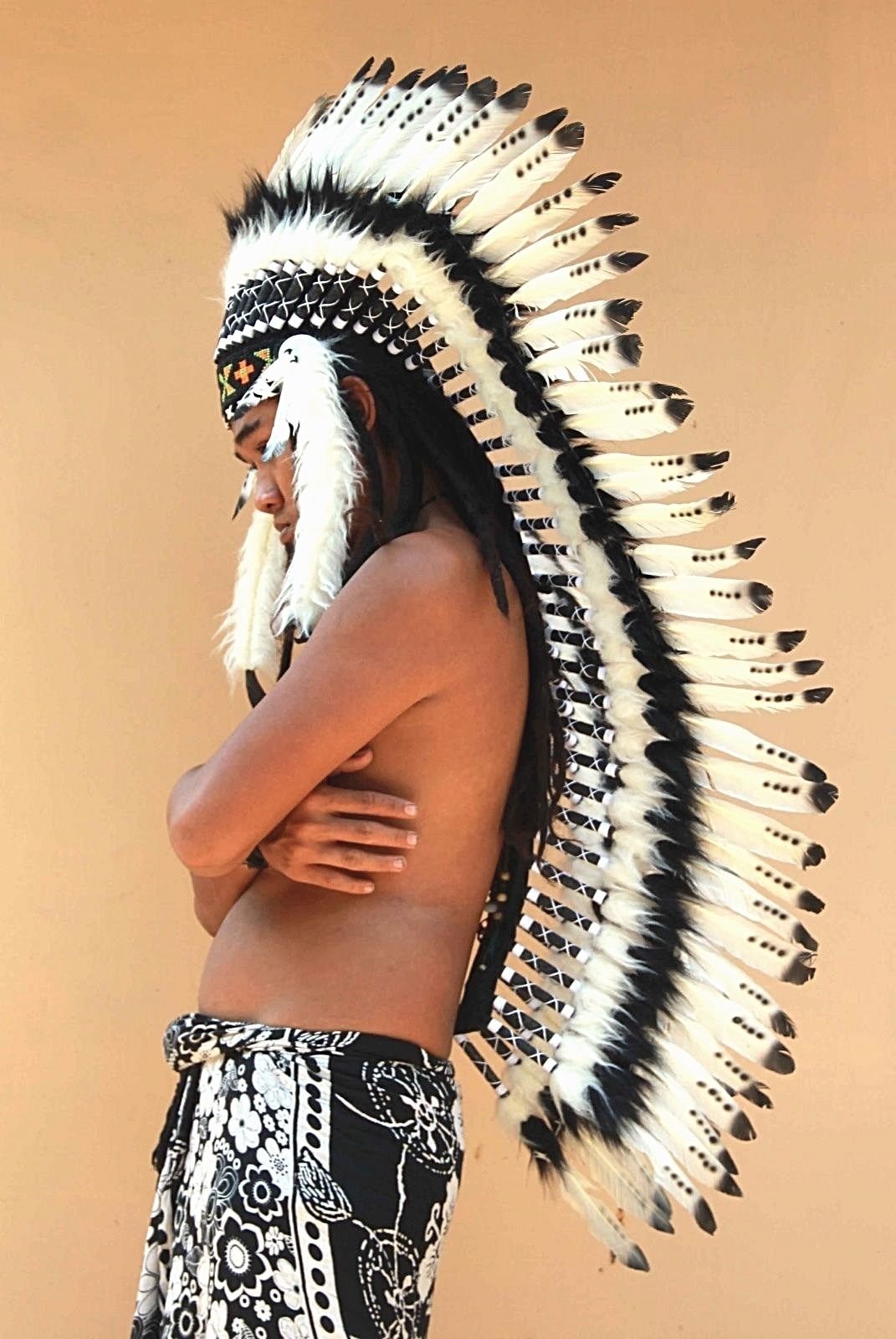 OMA Indian Inspired Headdress - Native American Style Feather Headdress Warrior Bonnet - XL Size for Cosplay, Halloween Costume, Festival Accessories, and Cultural Events