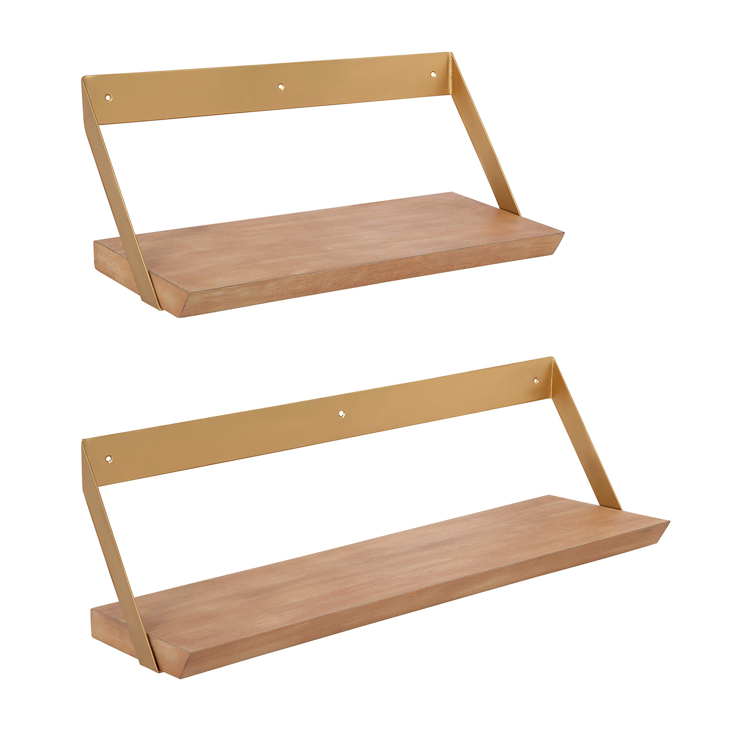Kate and Laurel Rowan Modern Glam Shelf Set of 2 - Natural Wood & Gold Floating Wall Shelves for Living Room, Bedroom, Bathroom Storage & Decor