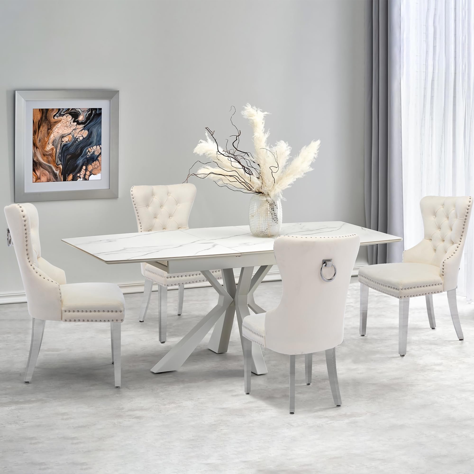 Luxury Velvet Dining Chairs Set of 2 - Tufted Upholstered Dining Room Chairs with Stainless Steel Legs & Ring Pull Design, Beige - Perfect for Modern Dining Rooms, Kitchen Breakfast Nooks & Elegant Home Decor