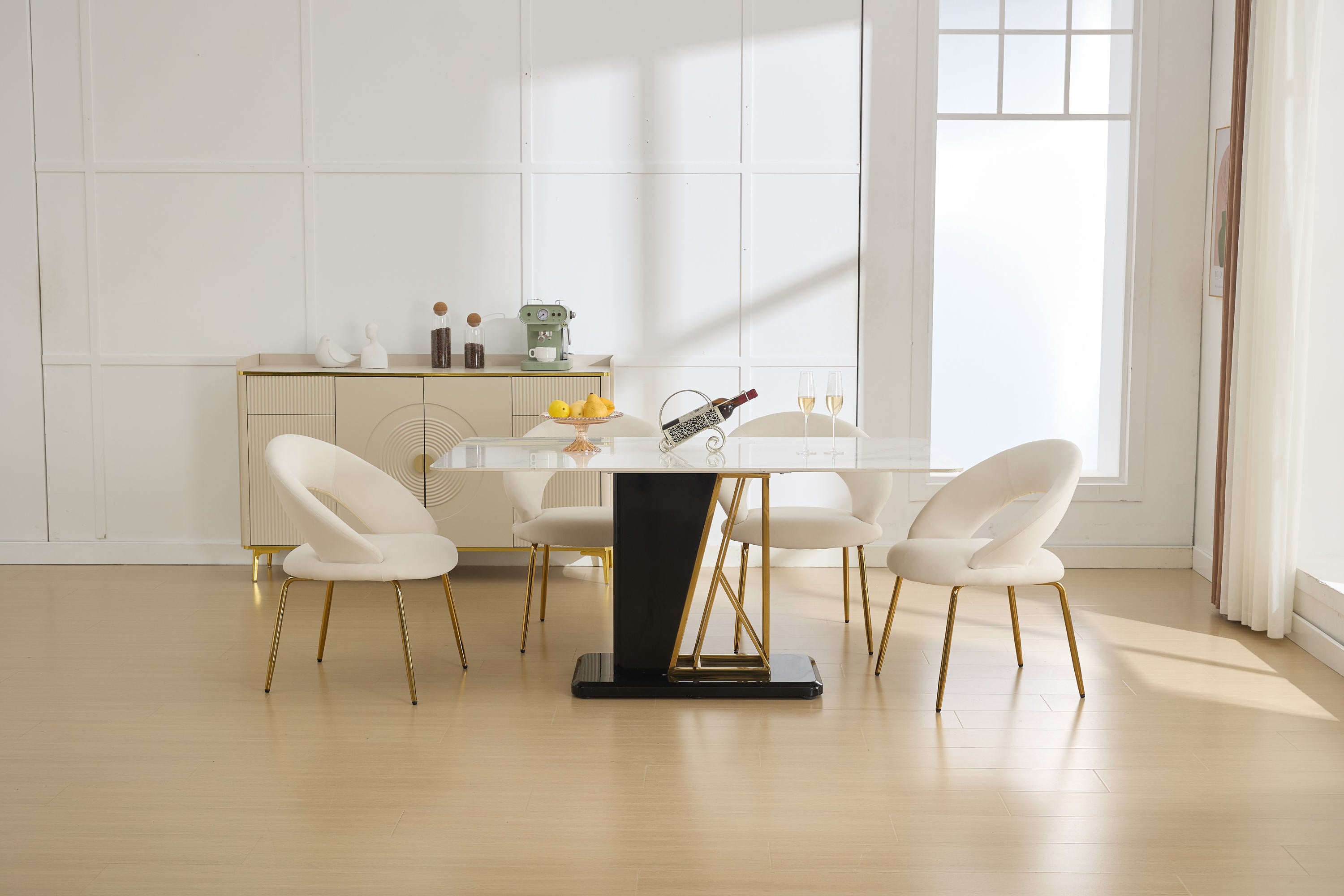 Velvet Dining Chairs Set of 1 - Curved Backrest with Golden Metal Legs for Kitchen & Dining Room - White - Perfect for Modern Home Decor & Entertaining Guests