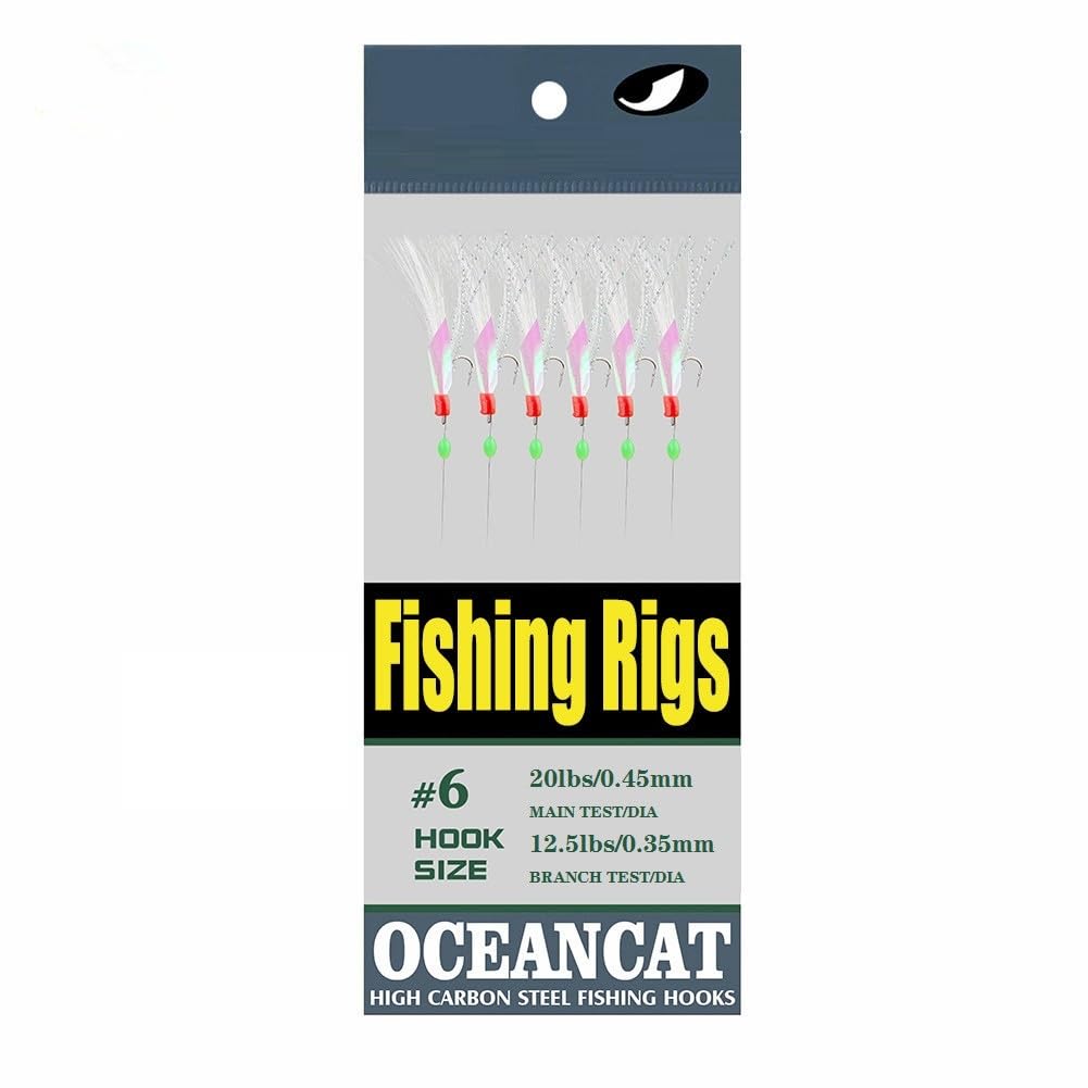 OCEAN CAT 6-Pack Fishing Rigs with Rainbow Soft Rubber & Colorful Feathers - Carbon Steel Hooks & Glow Beads for Freshwater & Saltwater Fishing | Ideal for Bass, Trout, and Saltwater Game Fish