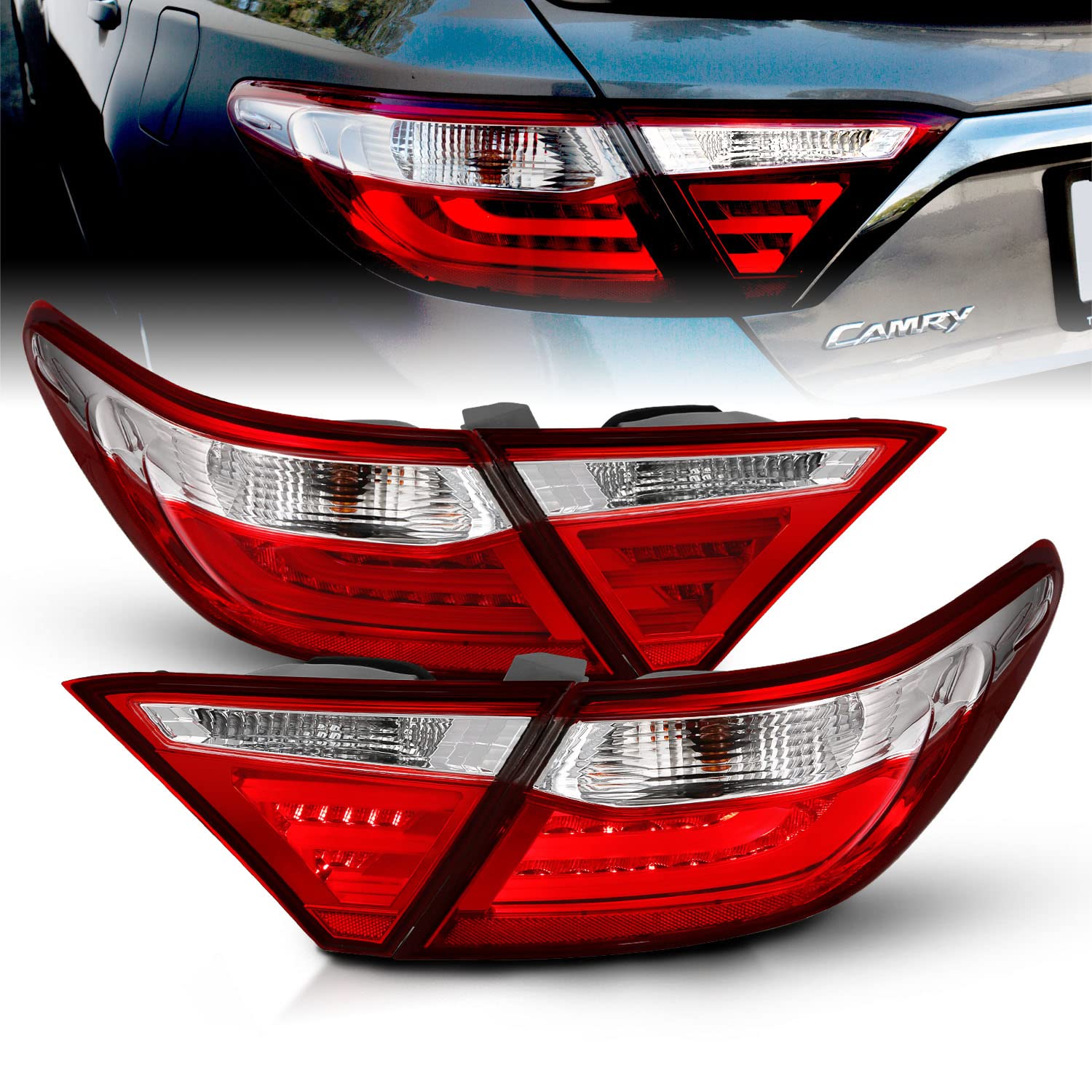 AmeriLite Red Clear LED Parking Light Bar & LED Brake Tail Lights Pair for 2015-2016 Toyota Camry 4-Door Sedan - High Visibility Safety Lights for Night Driving & Parking