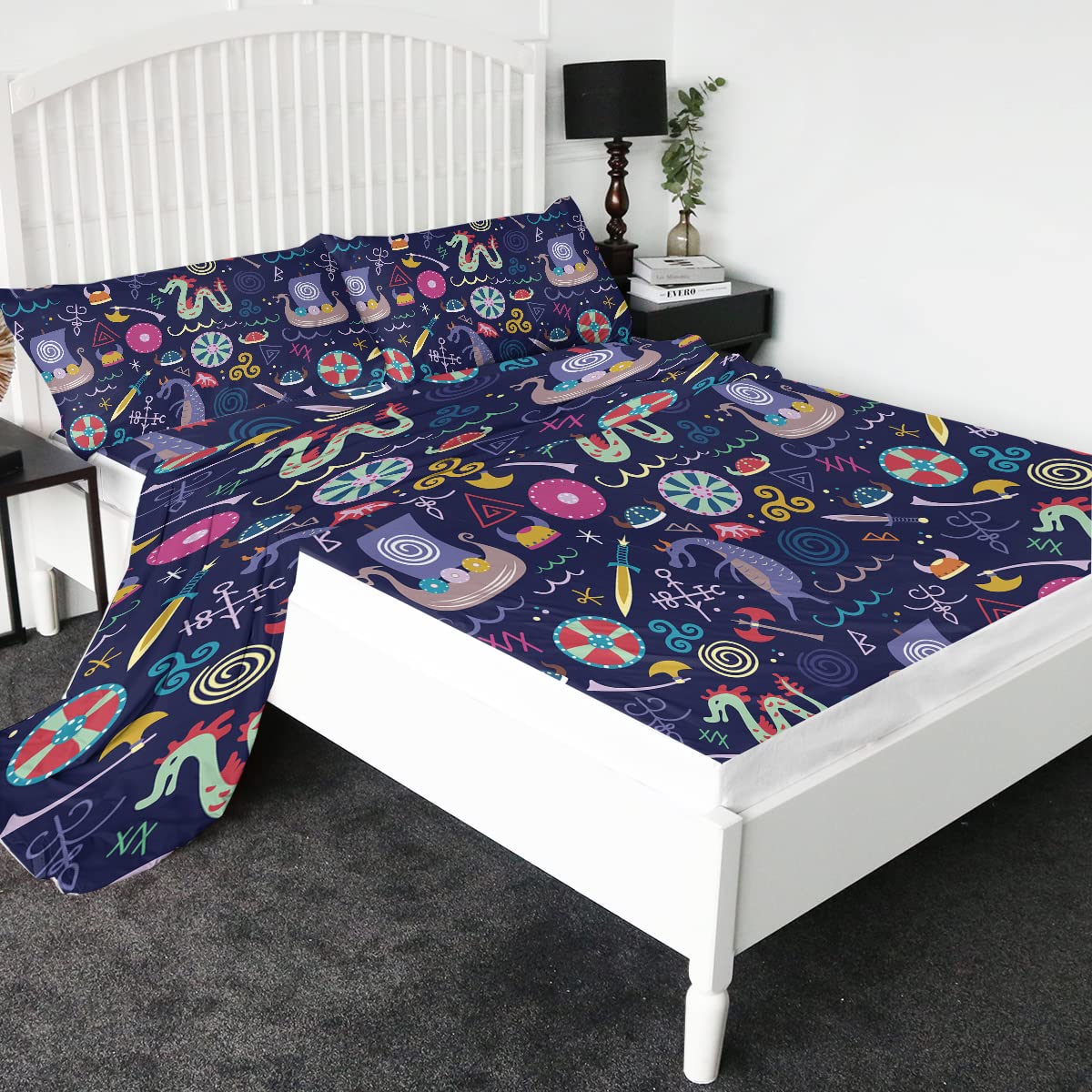 Sleepwish Viking Sword 4-Piece Microfiber Bed Sheet Set - Soft Breathable Cartoon Bedding with Pillowcases (Twin, Navy Blue) for Kids Room, Dormitory & Fantasy Themed Bedrooms