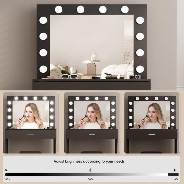 Vanity Desk with Mirror and Lights - Adjustable Brightness Makeup Vanity Table Set with Storage Drawer & Cushioned Chair - Perfect for Bedroom, Dressing Room & Beauty Salon (Black)