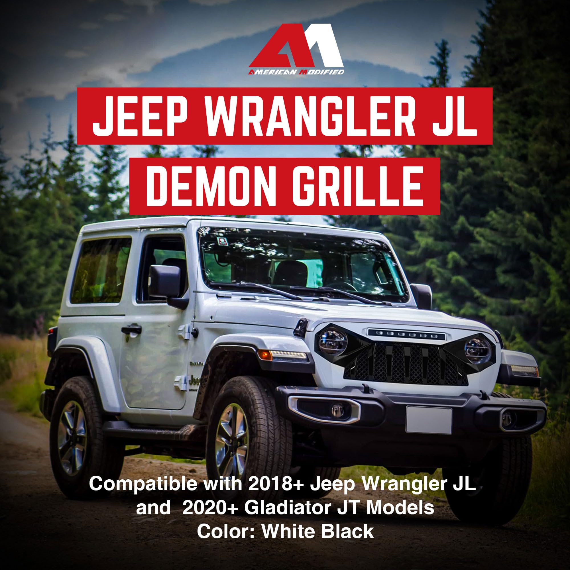 2018-2023 Jeep Wrangler JL & Gladiator JT White & Black Demon Grille with LED Off-Road Lights (Non-Trailcam Version) - Rugged Style Upgrade for Off-Roading & Jeep Enthusiasts