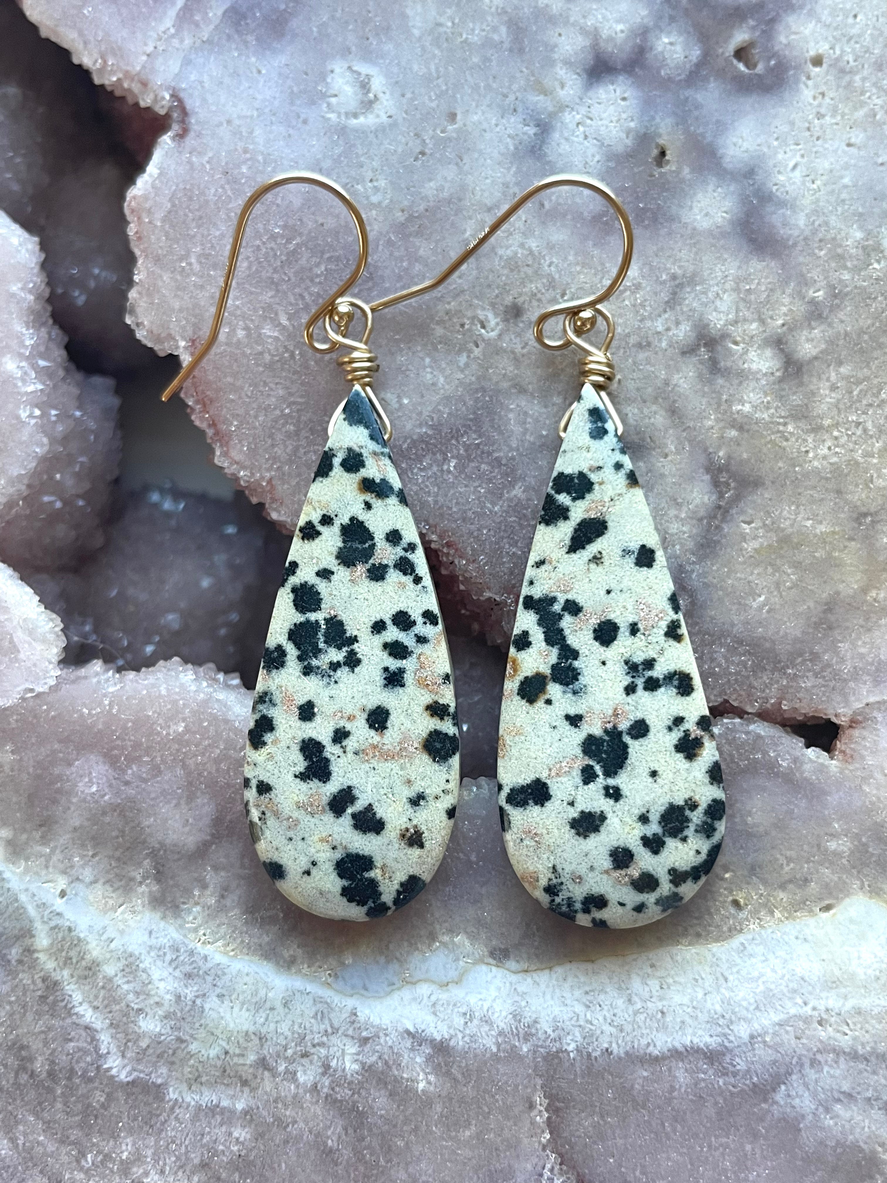 Dalmatian Jasper Dangle Earrings - 14K Gold Filled Bohemian Style Jewelry for Women - Perfect for Everyday Wear, Boho Outfits & Special Occasions