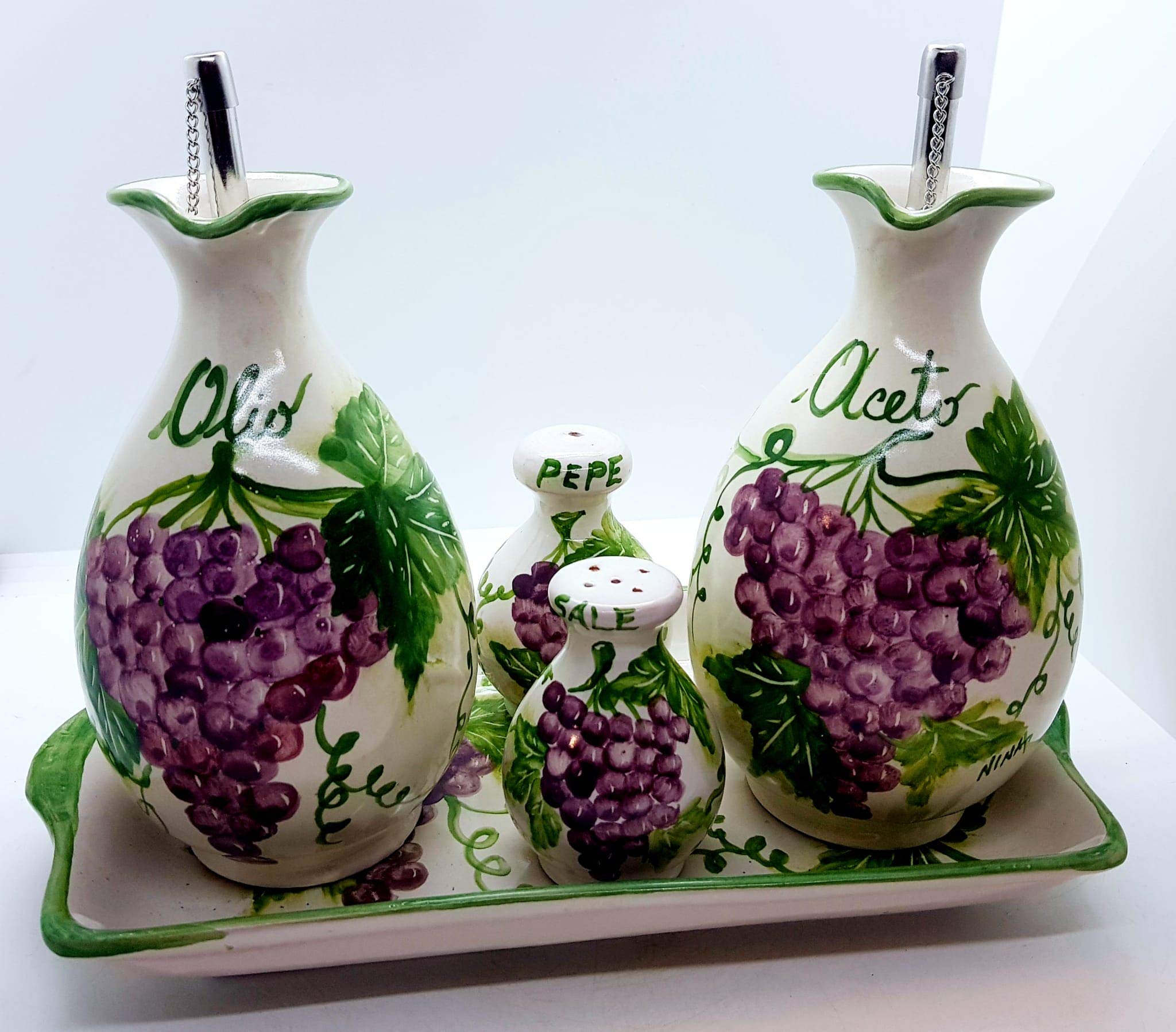 Handmade Orange Flower Ceramic Salt, Pepper, and Oil Set - Tableware by Le Ceramiche del Castello - Made in Italy - Perfect for Dining, Gifts, and Italian Kitchen Decor