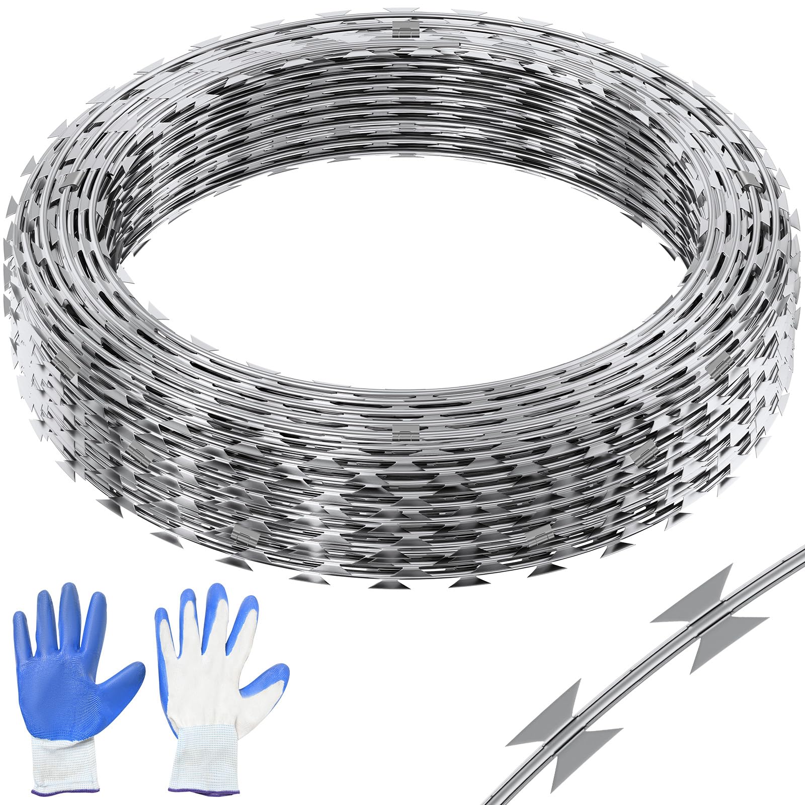 VEVOR 147 ft Galvanized Razor Barbed Wire - 3 Rolls Double Spiral Razor Ribbon Fencing for Security, Garden Protection & Perimeter Defense | Heavy Duty Galvanized Steel Wire for Home, Farm & Commercial Use