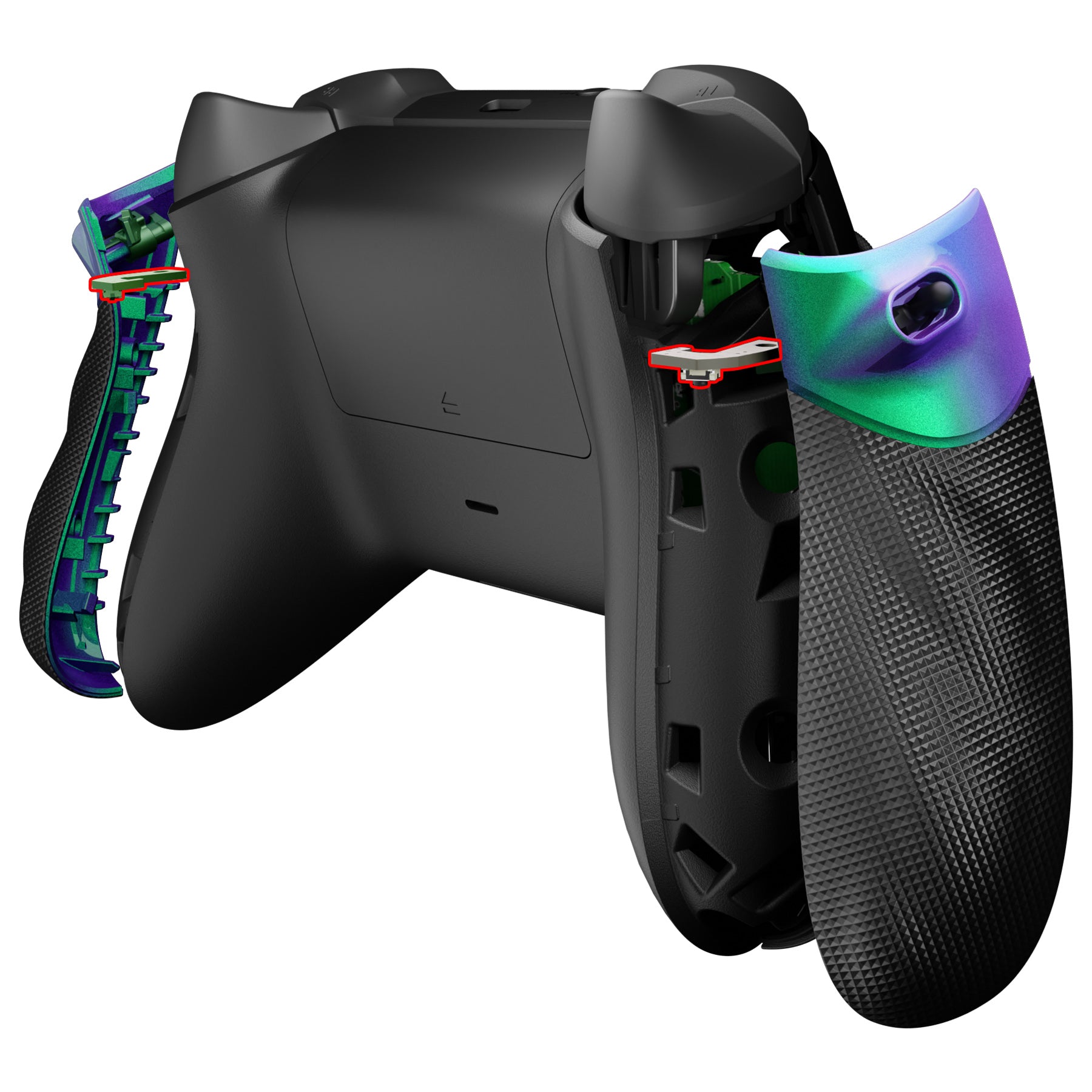 eXtremeRate FLEXOR Clicky Rubberized Side Grips & Trigger Stop Kit for Xbox Series X/S Controller & Xbox Core Controller - Chameleon Green Purple | Enhanced Grip for Gaming, FPS & Competitive Play