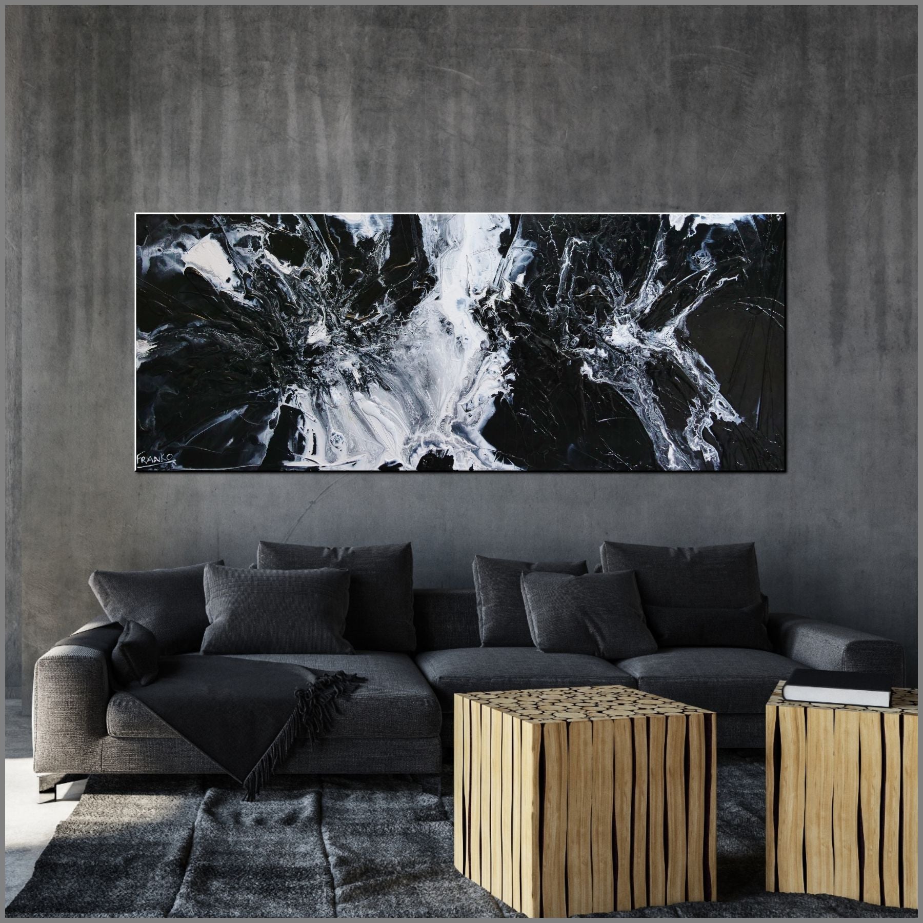 200cm x 80cm Black Cotton Candy Abstract Textured Painting - Modern Black & White Wall Art for Living Room, Bedroom & Office Decor
