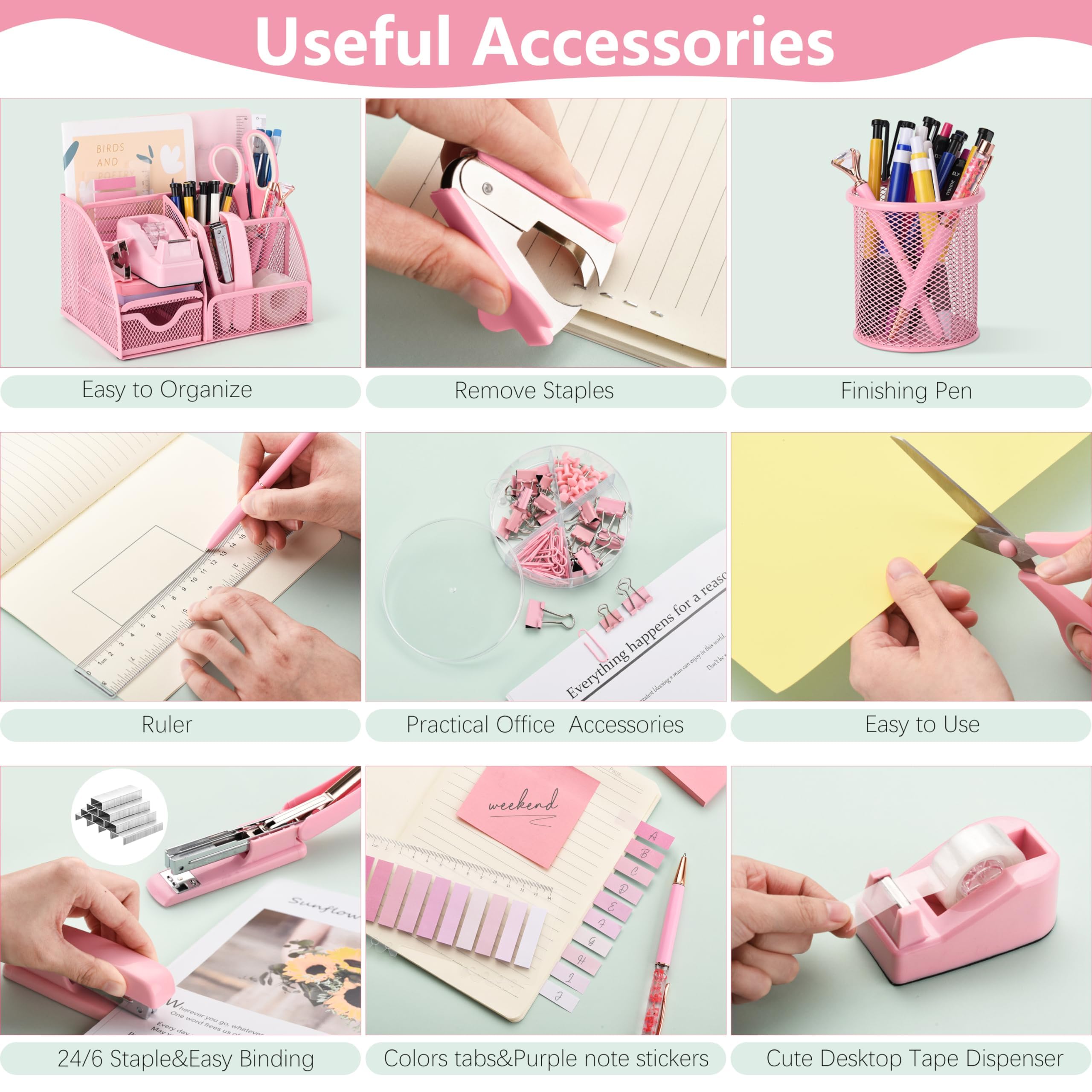 11-Piece Pink Office Supplies Set - Mesh Desk Organizer with Stapler, Tape Dispenser, Staple Remover, Clips, Ruler, Scissors & Sticky Notes - Perfect for Office, School, Home & Women's Workspace Organization (Pink)