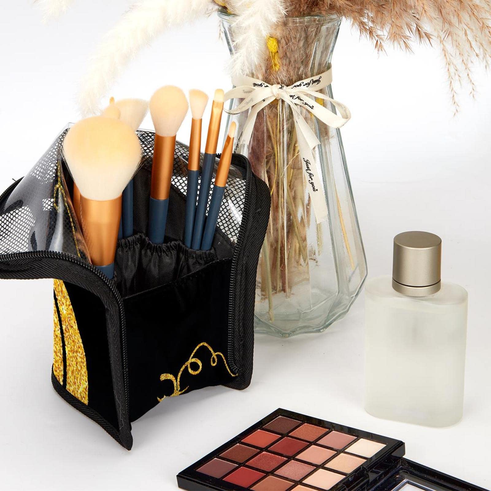 Premium Makeup Brush Organizer Bag with 12 Brushes - Gold Pumpkin Design Portable Cosmetic Brush Holder Case for Travel, Home Vanity & Professional Makeup Artists