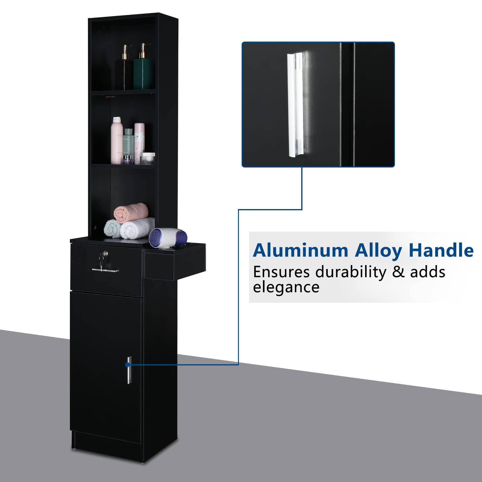 OmySalon Professional Hair Styling Station - 3-Tier Storage Shelf, Large Cabinet & Hair Dryer Holders - Black | Barber Salon Equipment for Stylists & Hairdressers | Perfect for Salon, Home & Mobile Hair Services