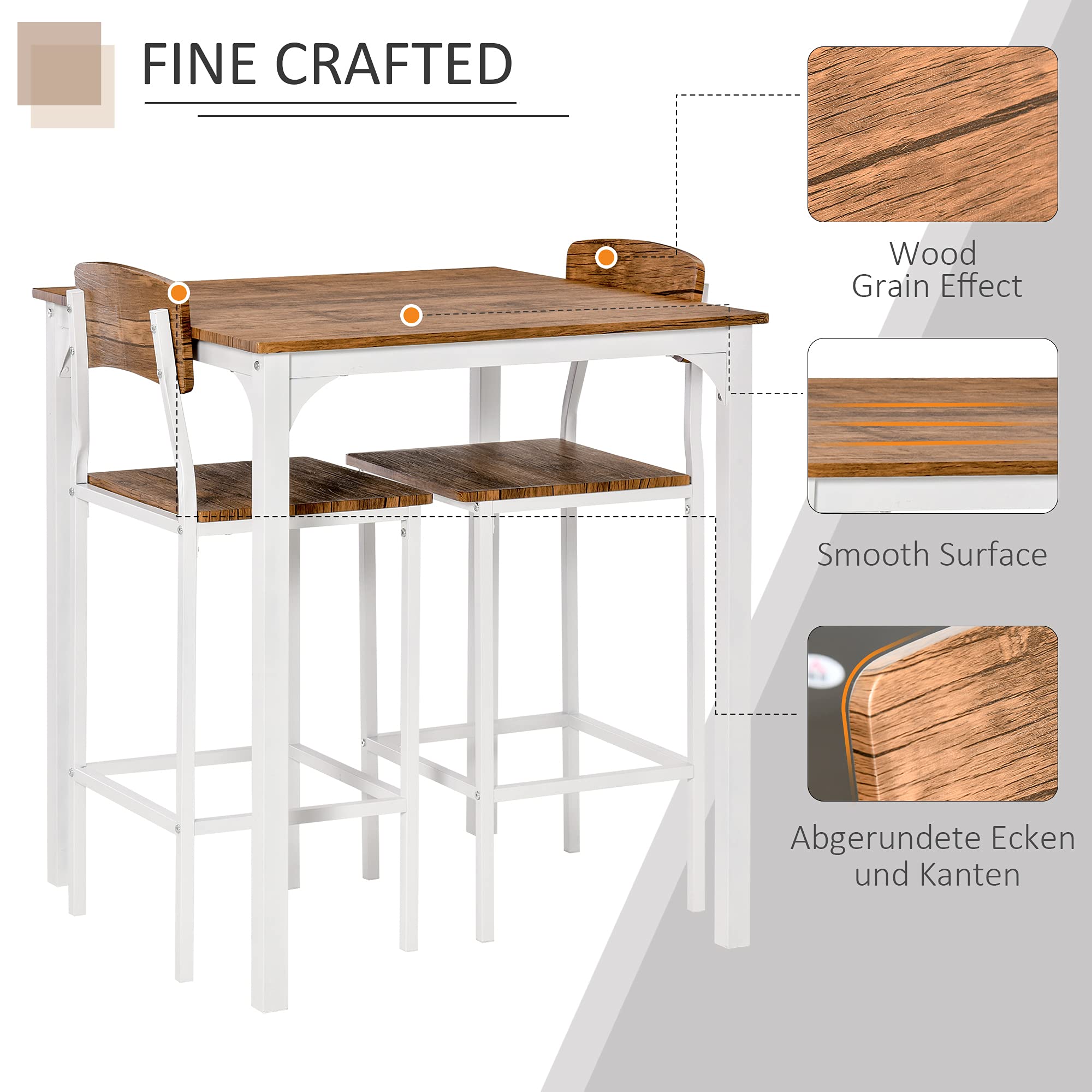 HOMCOM 3-Piece Counter Height Bar Table and Chairs Set, Industrial Style Small Dining Table Set for 2, Square Kitchen Table with Stools, Steel Frame in Walnut & White - Perfect for Small Spaces, Breakfast Nooks, and Modern Apartments