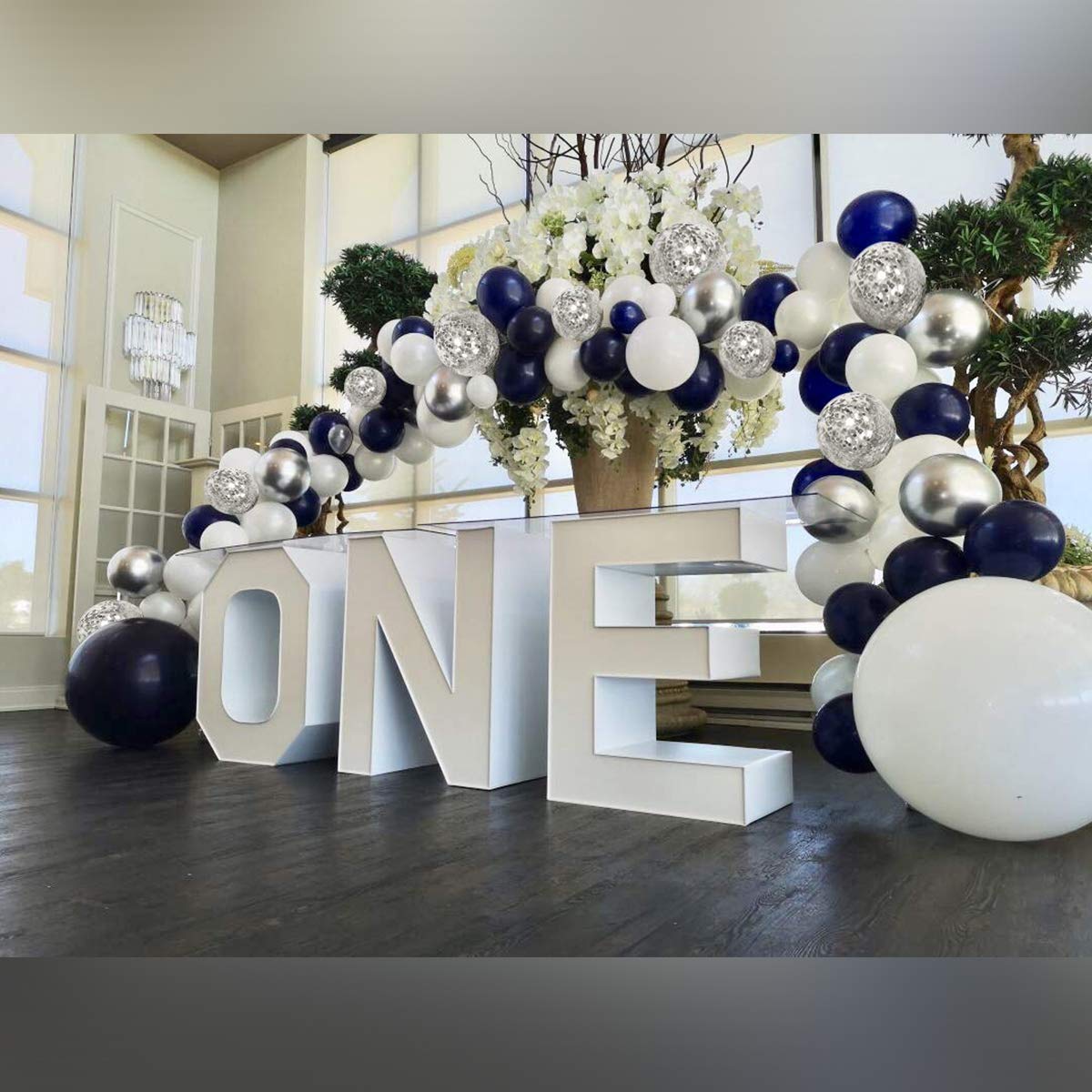 Silver Blue Balloon Arch Garland Kit - 120 pcs Navy Blue, White & Silver Confetti Latex Balloons with 16ft Tape Strip & Air Pump for Party, Wedding, Birthday, Graduation, Anniversary Decorations | Perfect for DIY Home Decor, Baby Showers, Bridal Showers, and Holiday Celebrations