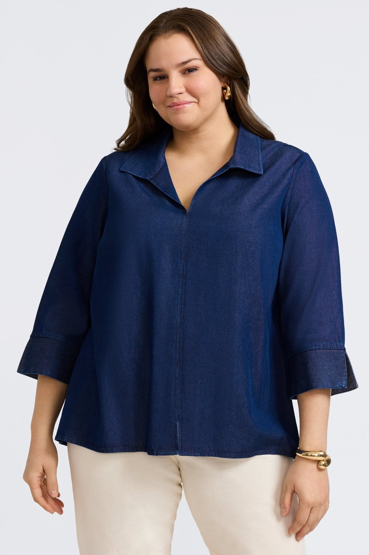 Agnes Plus Women's Tencel® Denim 3/4 Sleeve Popover Shirt - Soft Stretch Eco-Friendly Blouse for Casual Wear & Office Outfits