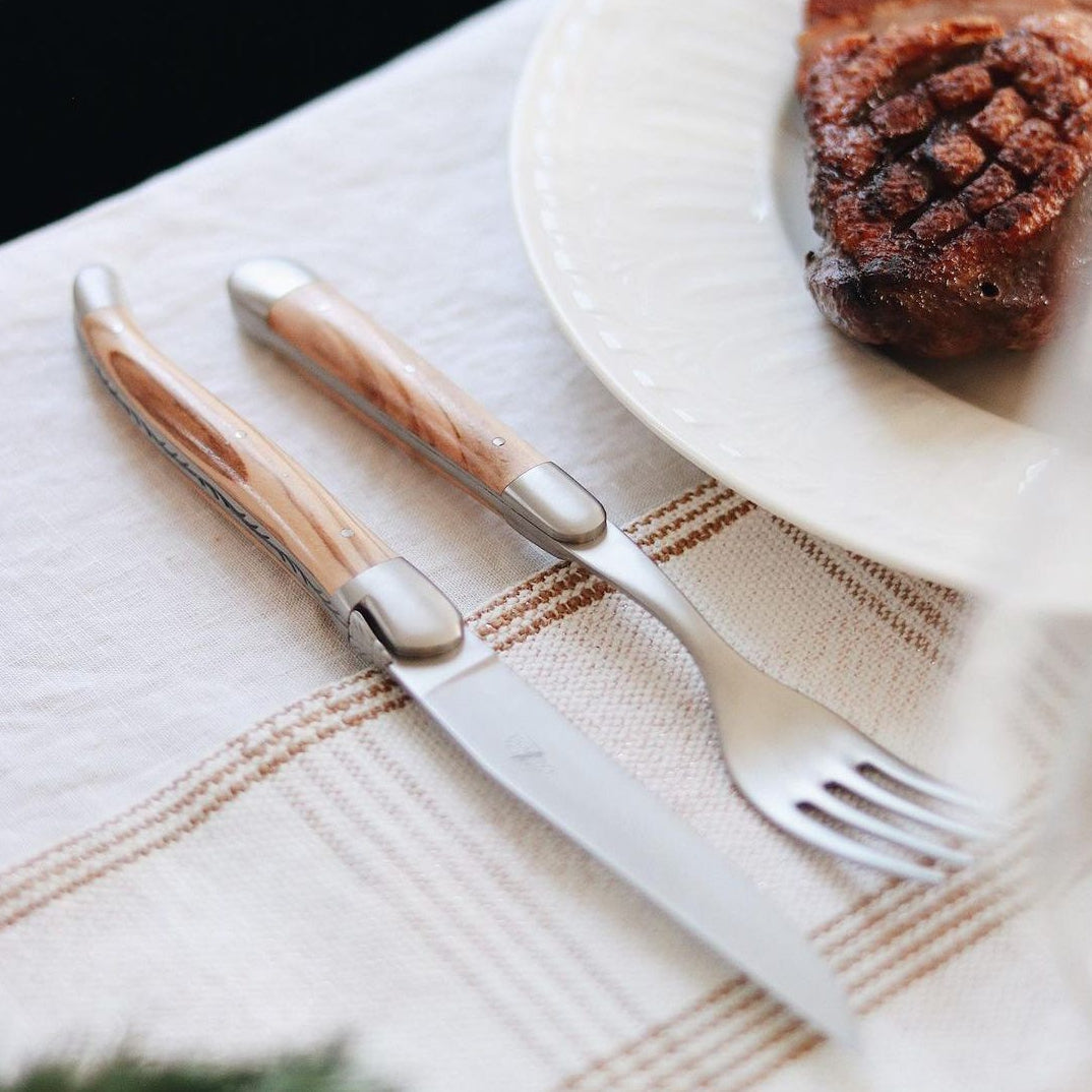 Premium 6-Piece Steak Knife Set with Olive Wood Handles - Satin Finish Stainless Steel Blades - Perfect for Dinner Parties, BBQ & Steakhouse-Style Dining