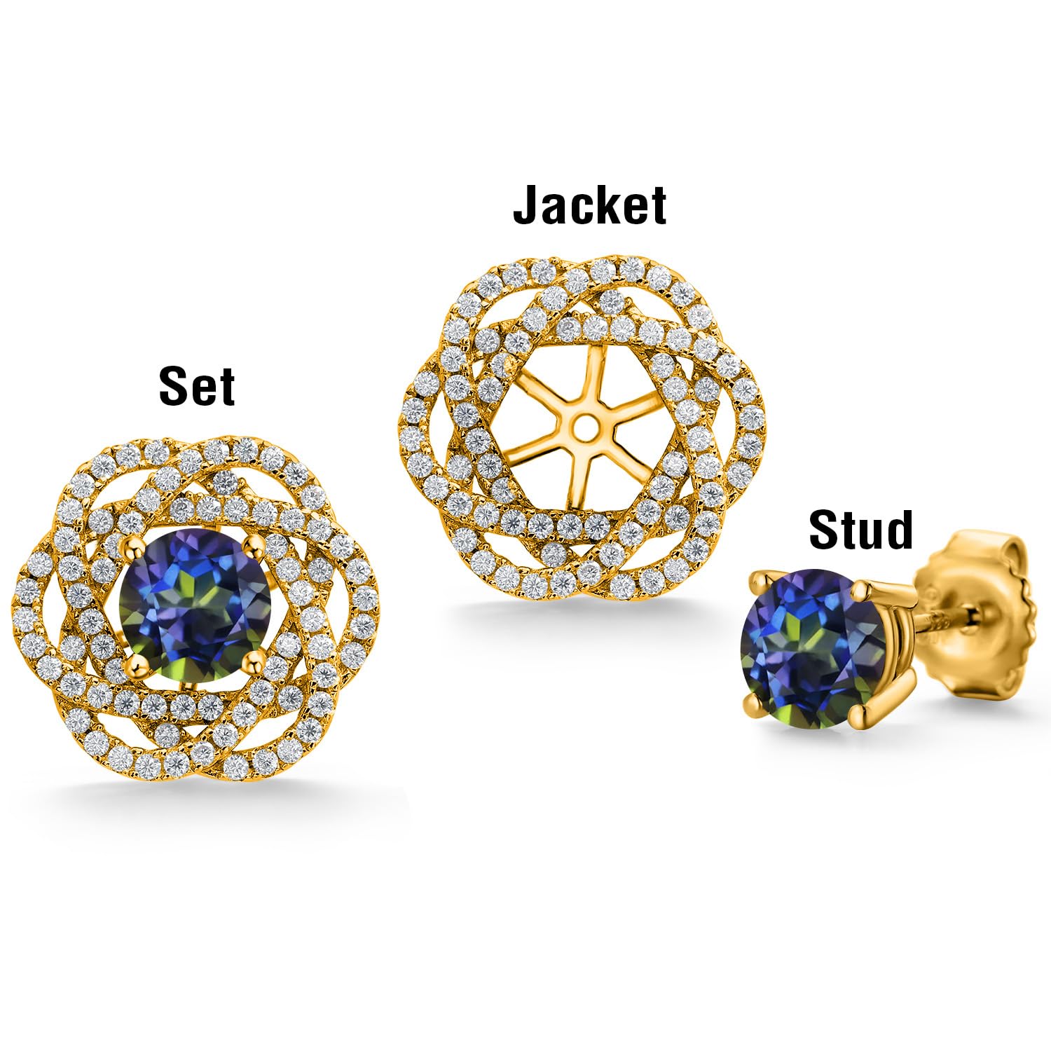 Gem Stone King 18K Gold Plated Sterling Silver 6MM Round Birthstone Stud Earrings with White Moissanite & Removable Jackets - Perfect Gift for Women, Birthday, Anniversary, Mother's Day & Everyday Wear