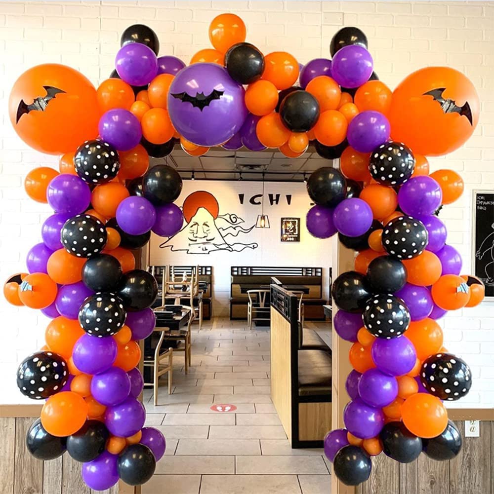 144-Piece Halloween Balloon Garland Arch Kit - DIY Black Orange Purple Latex Balloons with 3D Bats Stickers for Spooky Party Decor | Perfect for Halloween Home Decor, Haunted House Parties & Trick-or-Treat Displays