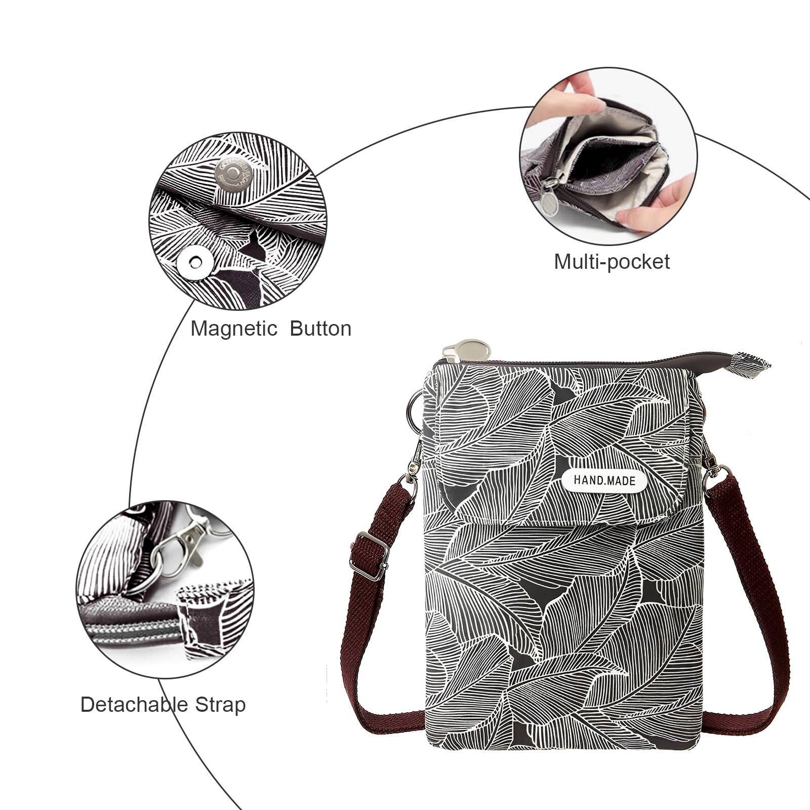 Stylish Leaf Pattern Canvas Crossbody Phone Purse - Lightweight Women's Wallet Bag for Everyday Use | Perfect for Shopping, Travel & Daily Essentials