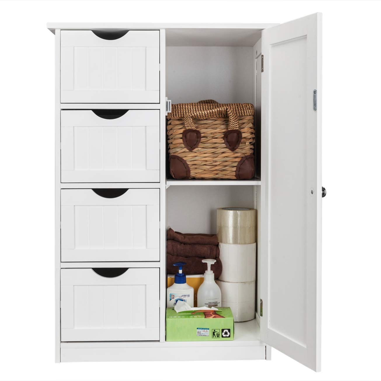 White Single Door Bathroom Storage Cabinet with 4 Drawers - Multifunctional Floor Organizer for Bathroom, Bedroom, or Laundry Room - Space Saving Storage Rack Stand for Towels, Toiletries & Cleaning Supplies