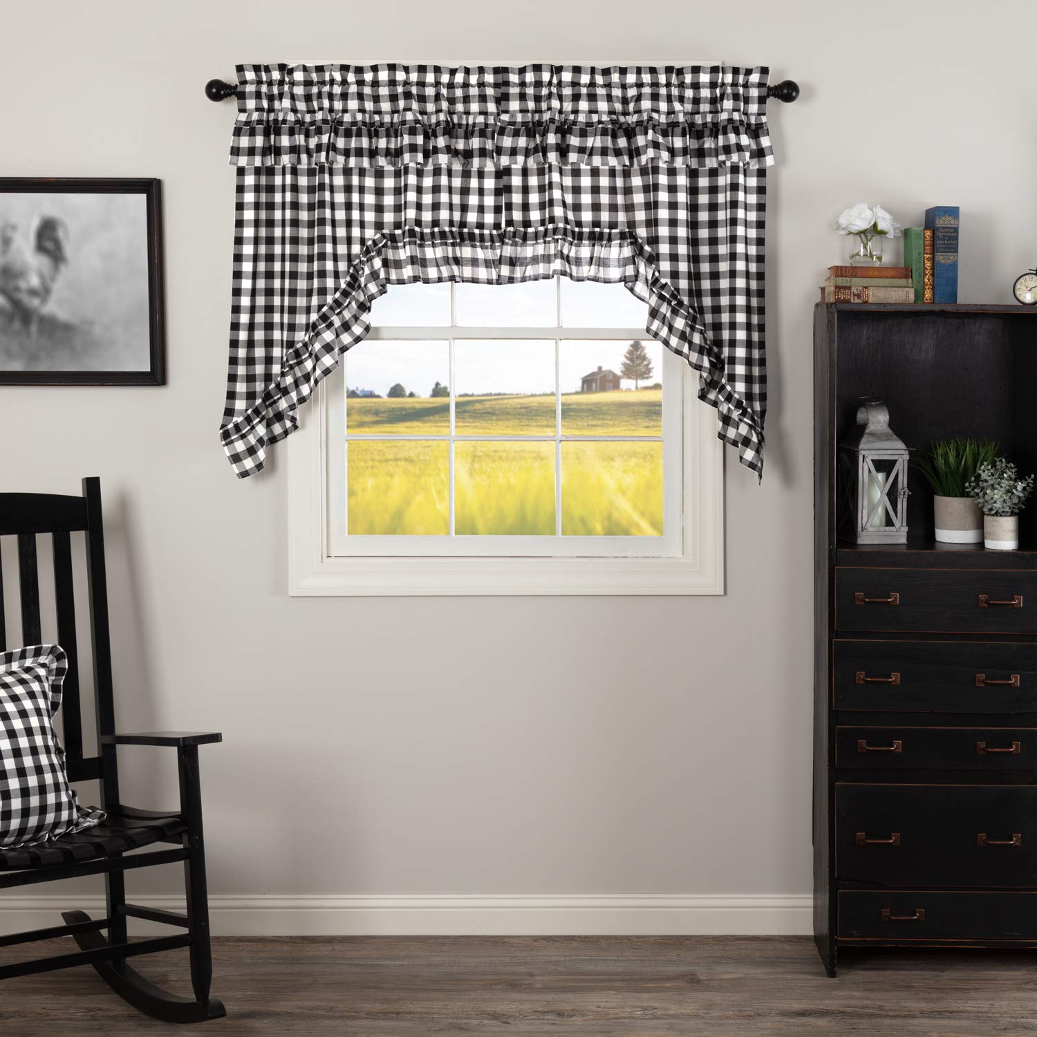 Annie Buffalo Check Cotton Farmhouse Kitchen Curtains - Black Country Style Rod Pocket & Hanging Loops - Rustic Ruffled Swag Pair for Cozy Country Kitchen Decor