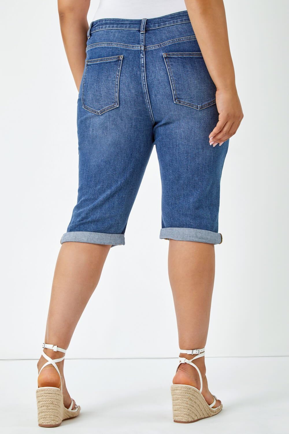 Roman Originals Women's Denim Shorts - High Waisted Stretch Jean Cropped Jeggings with Turn-Up Hem, Lightweight Summer Casual Shorts for Vacation, Beach, and Everyday Wear