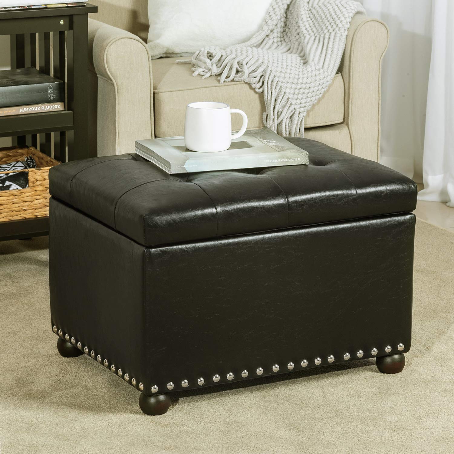 Black Rectangular Faux Leather Storage Ottoman with Nailhead Trim & Sturdy Wood Frame - Footrest, Coffee Table & Hidden Storage for Living Room, Bedroom or Office