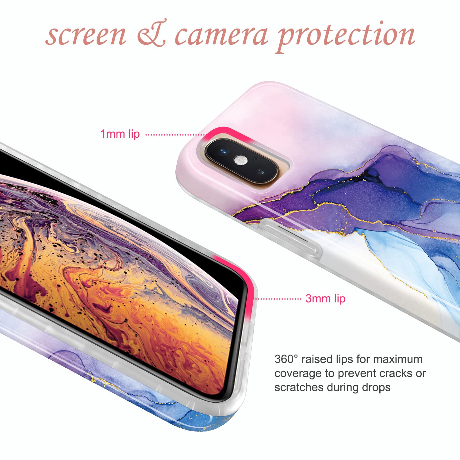 JIAXIUFEN iPhone X/Xs Case - Gold Sparkle Glitter Marble Slim Shockproof TPU Soft Silicone Cover (Blue Purple) | Protective Phone Case for Women & Girls | Perfect for Daily Use, Work, and Travel