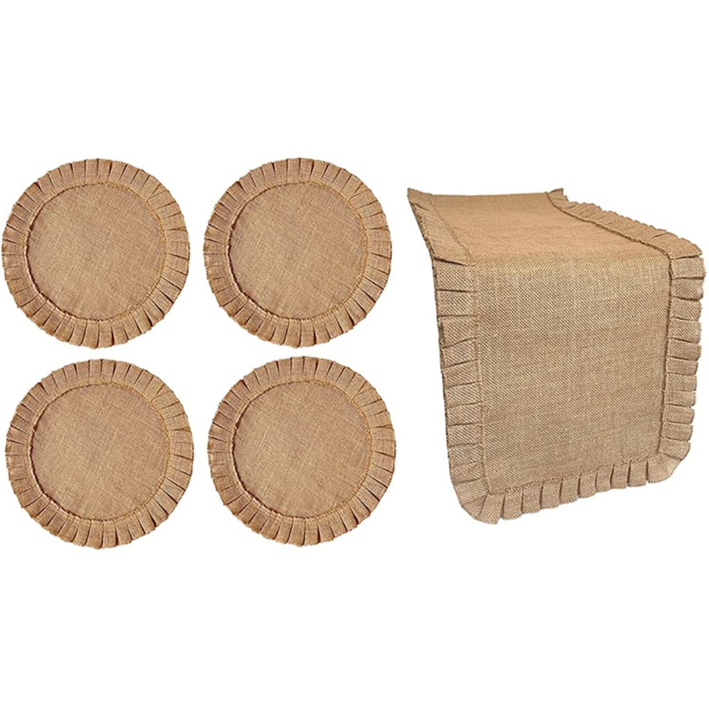 Rustic Farmhouse Burlap Table Runner & Placemats Set - Natural Jute Ruffled Design (72