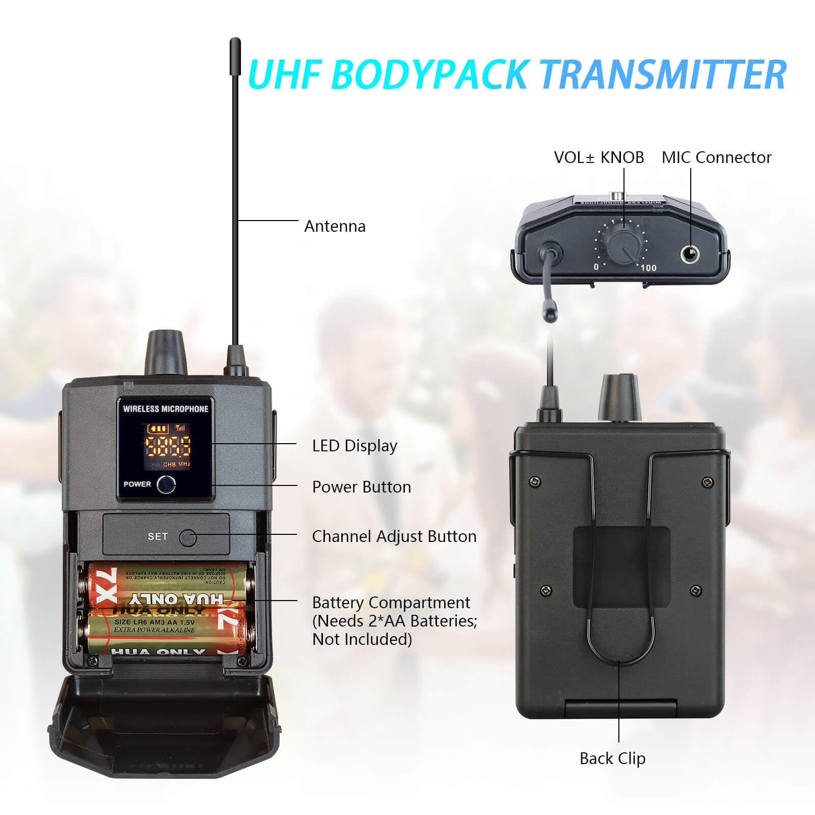 4 Channel UHF Wireless Microphone System - Pro Metal Cordless Handheld & Lavalier Mics for Church, Karaoke, Singing & Events (4x50 Adjustable Frequency, Includes 2 Handheld & 2 Bodypack Mics with G8 Batteries) - Perfect for Worship Services, Live Performances & Home Karaoke Parties
