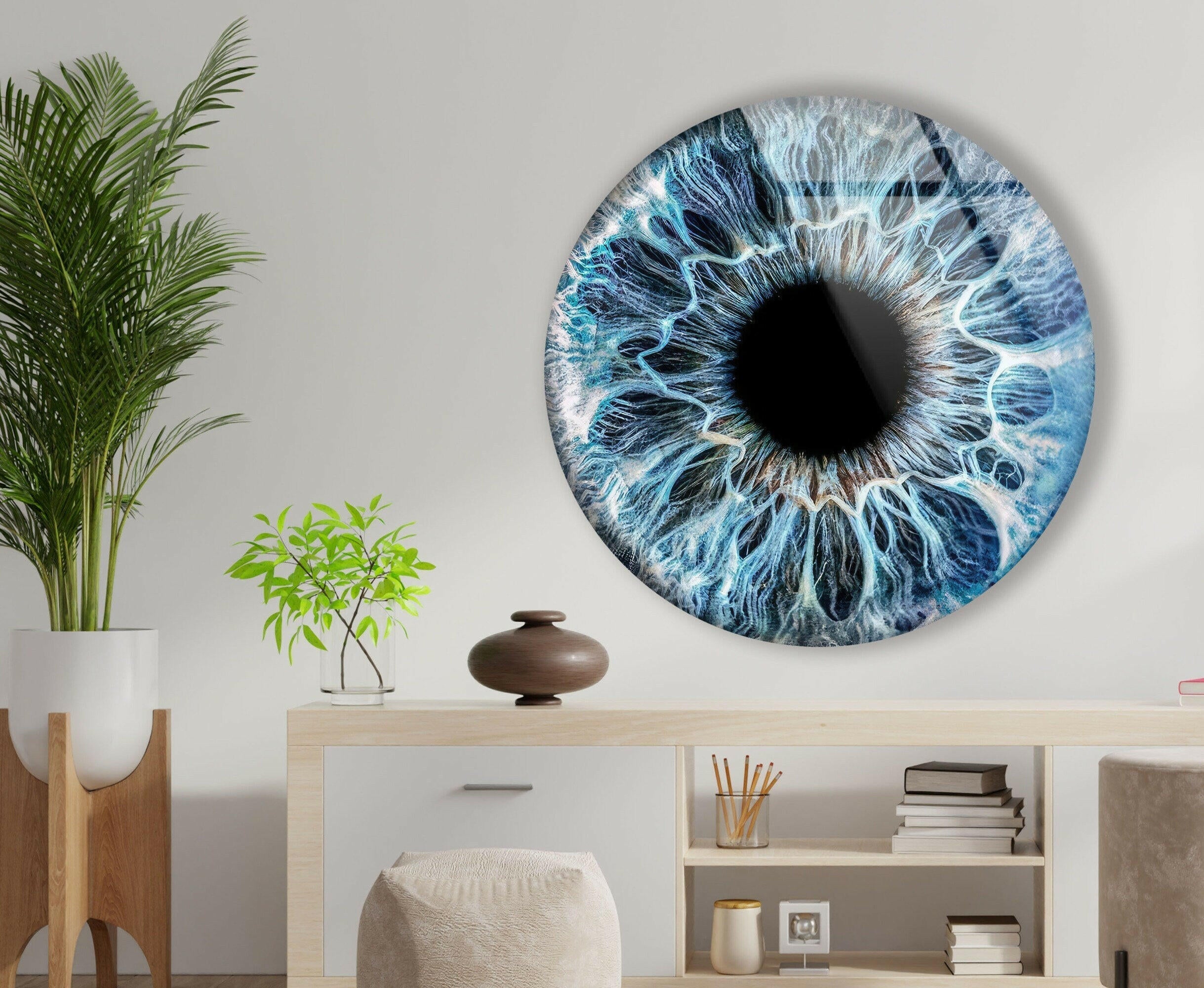 Blue Eye Round Glass Wall Art Decor - Handmade Bohemian Style Hanging Decoration for Living Room, Bedroom & Office