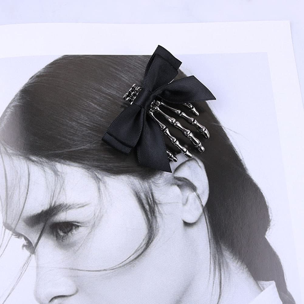 Lanebudd Skull Hair Clips - 4 Pack Halloween Skeleton Claw Hairpins with Bow for Girls | Cute Gothic Hair Accessories for Costume Parties, Cosplay & Spooky Events