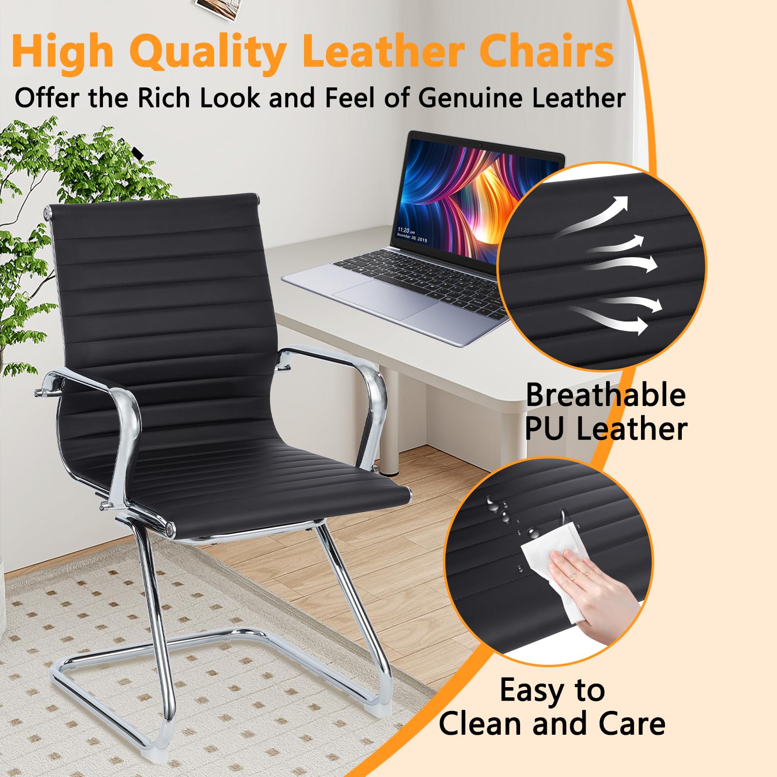 Premium Leather Office Guest Chair - Foldable Reception Chair with Sled Base, No Wheels - Perfect for Conference Rooms, Waiting Areas & Home Offices (Set of 1)