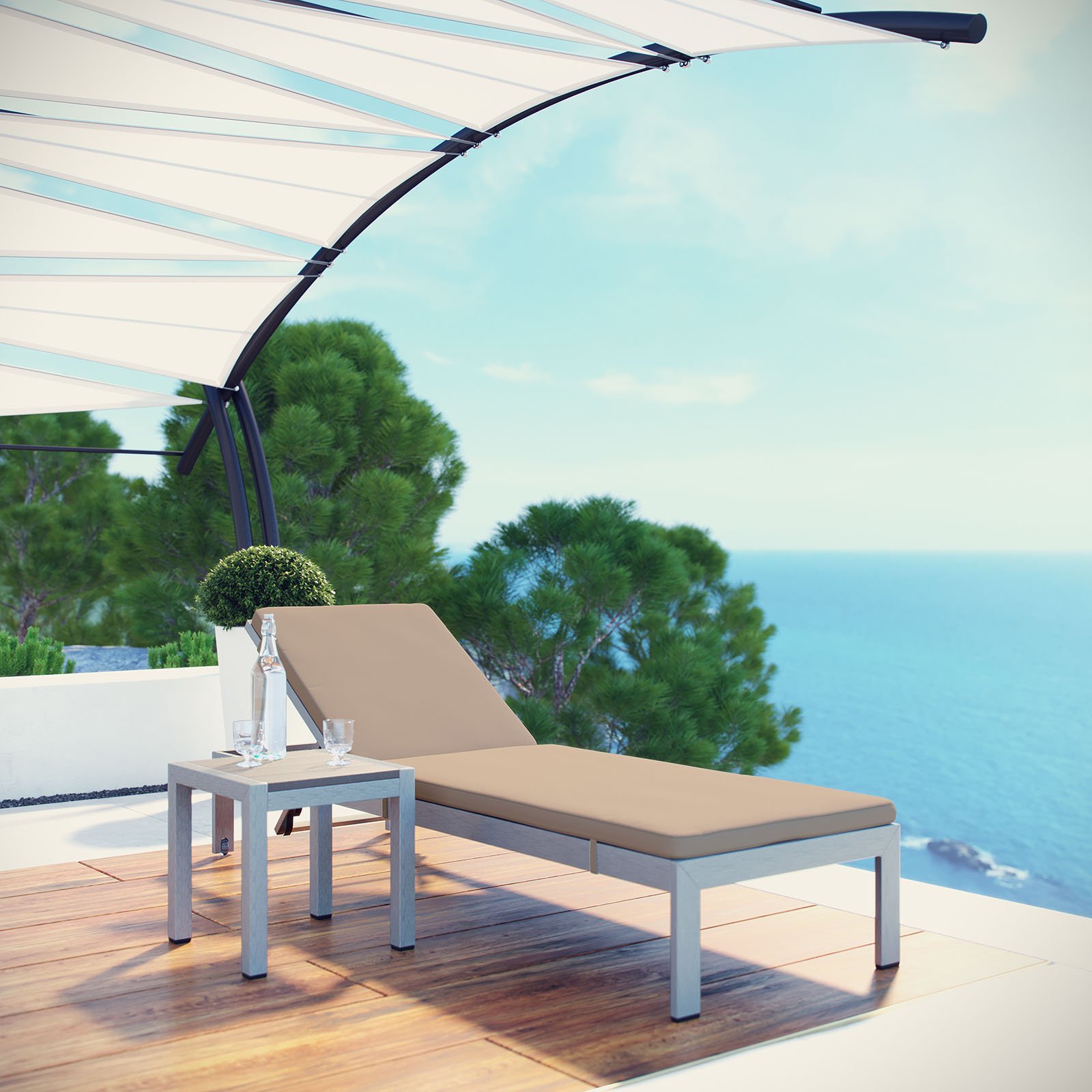 Modway Shore Outdoor Patio Aluminum Chaise Lounge Chair with Cushions - Silver Mocha - Waterproof & Rust-Resistant - Perfect for Poolside, Beach, Backyard & Patio Relaxation