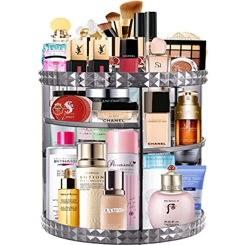 V-Hanver 7-Tier Rotating Makeup Organizer with Adjustable Layers & 4 Holder Storage Rack - Large Capacity Acrylic Cosmetic Display Case for Perfumes, Lipsticks, Skincare (Gray) | Perfect for Vanity, Bathroom & Dressing Table Organization