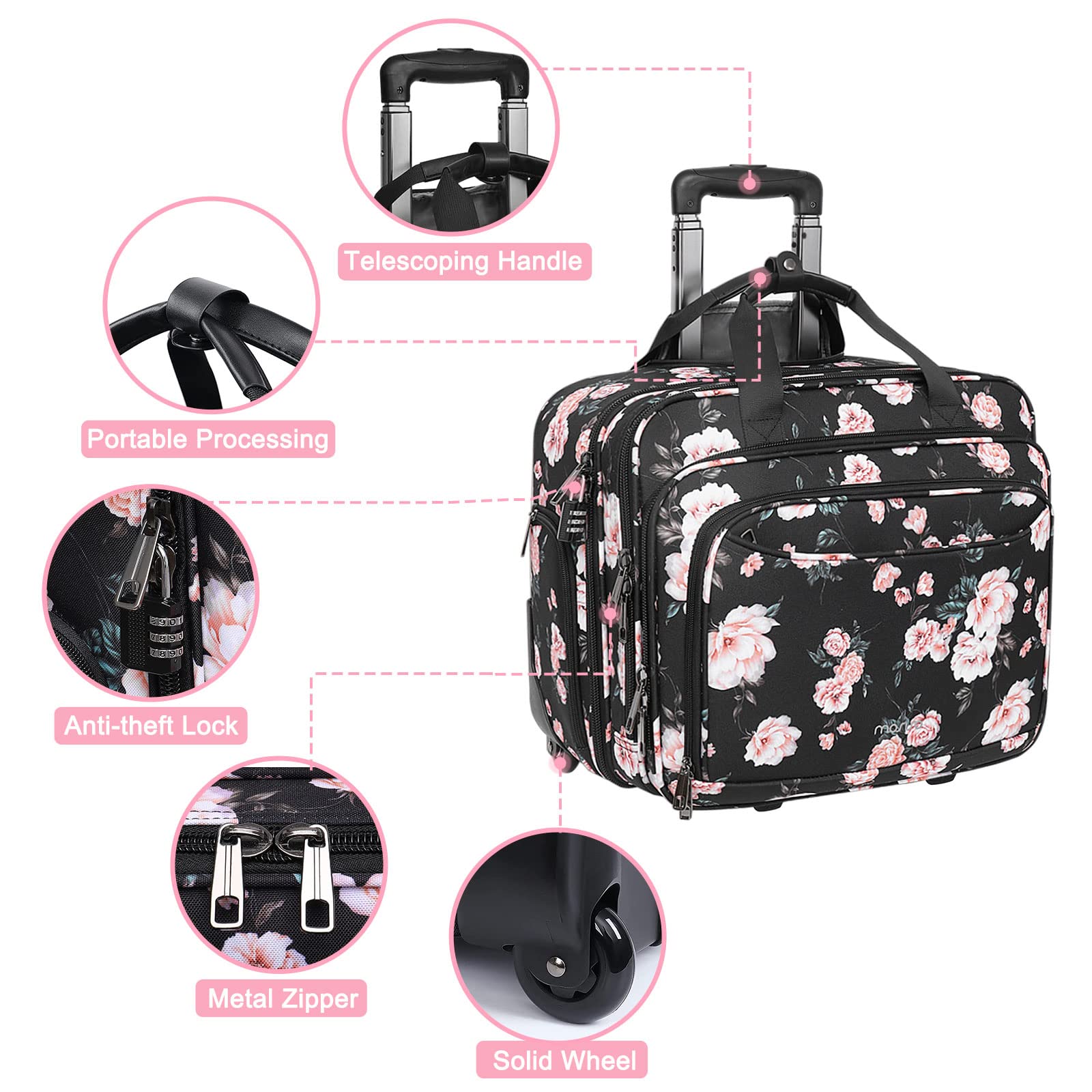MOSISO 15.6 Inch Rolling Laptop Bag for Women - Secure Coded Lock, 2-Wheel Design with Belt - Black Rolling Briefcase for Business Travel & Overnight Trips | Perfect for Office Commute, Business Meetings & Airplane Carry-On