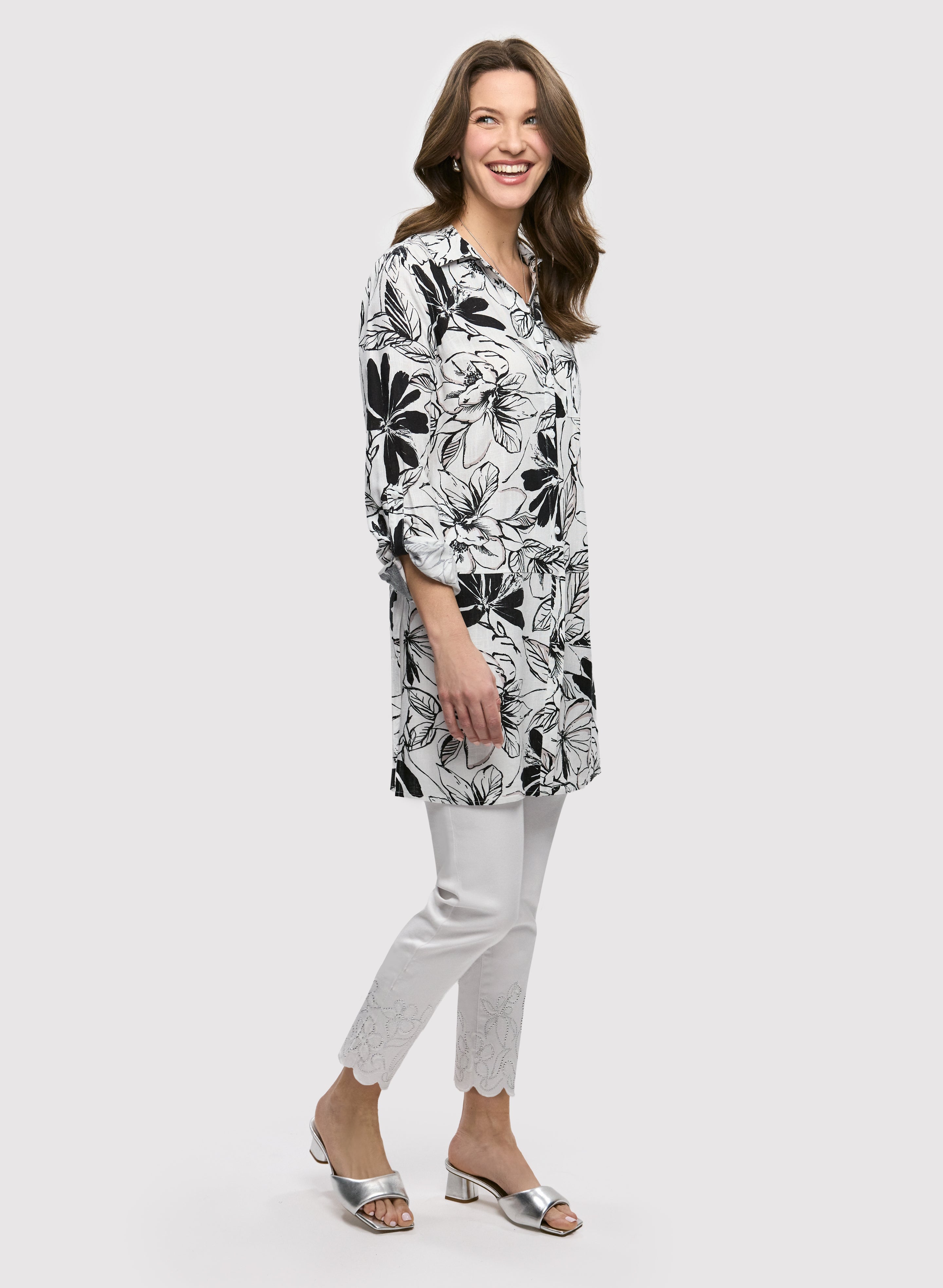 Floral Linen Blend Tunic Blouse & Embroidered Hem Pull On Pants Set - Women's Casual Summer Outfit for Beach, Vacation and Boho Style