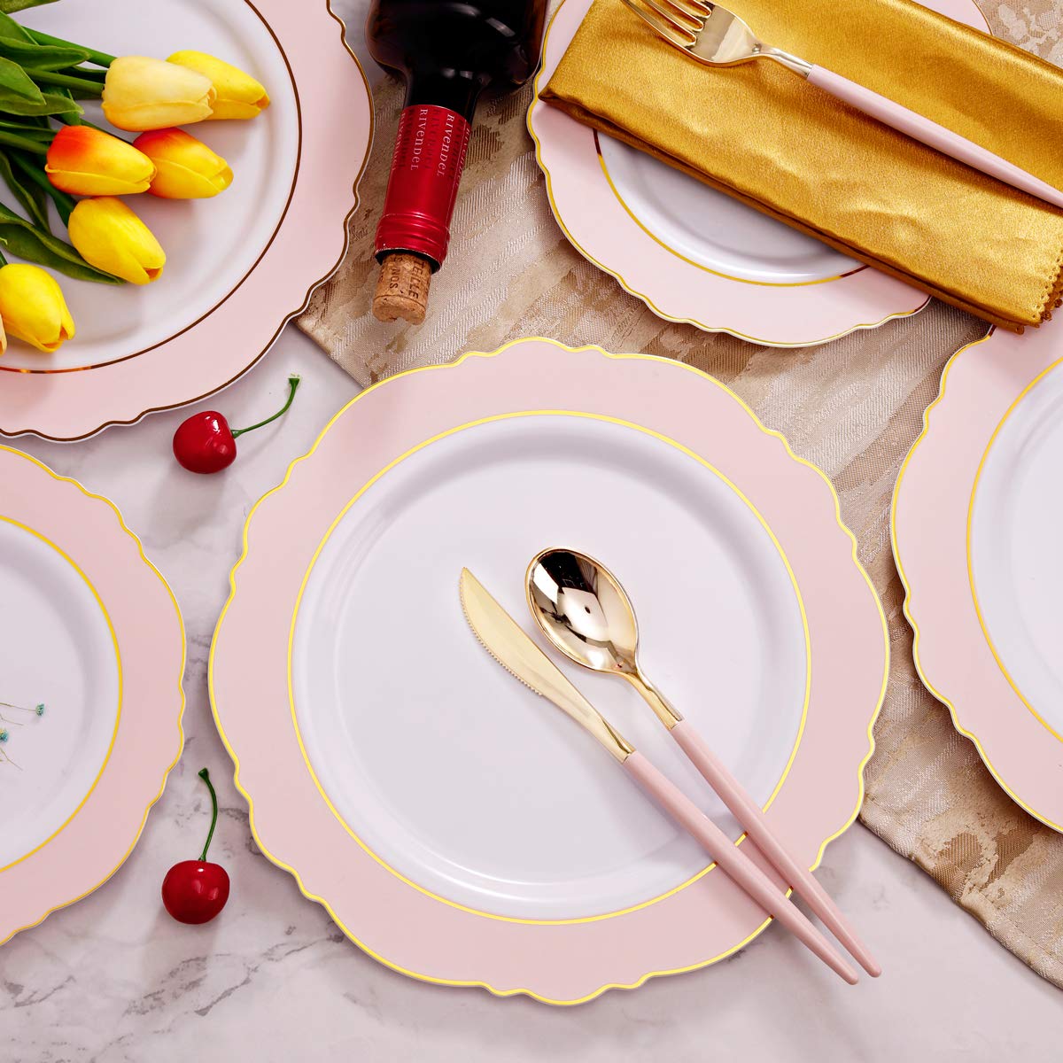 200-Pack Gold Plastic Cups, 30-Pack Pink Plastic Plates & Gold Plastic Cutlery with Pink Handles - Perfect for Birthday Parties, Weddings, and Outdoor Events