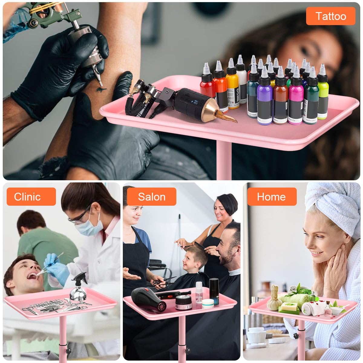 **JOSTZHXIN Adjustable Salon Tray – Professional Rolling Trolley for Hairstylists & Tattoo Artists – Premium Aluminum SPA Service Tray (Pink) – Ideal for Salon, Spa & Tattoo Studios**
