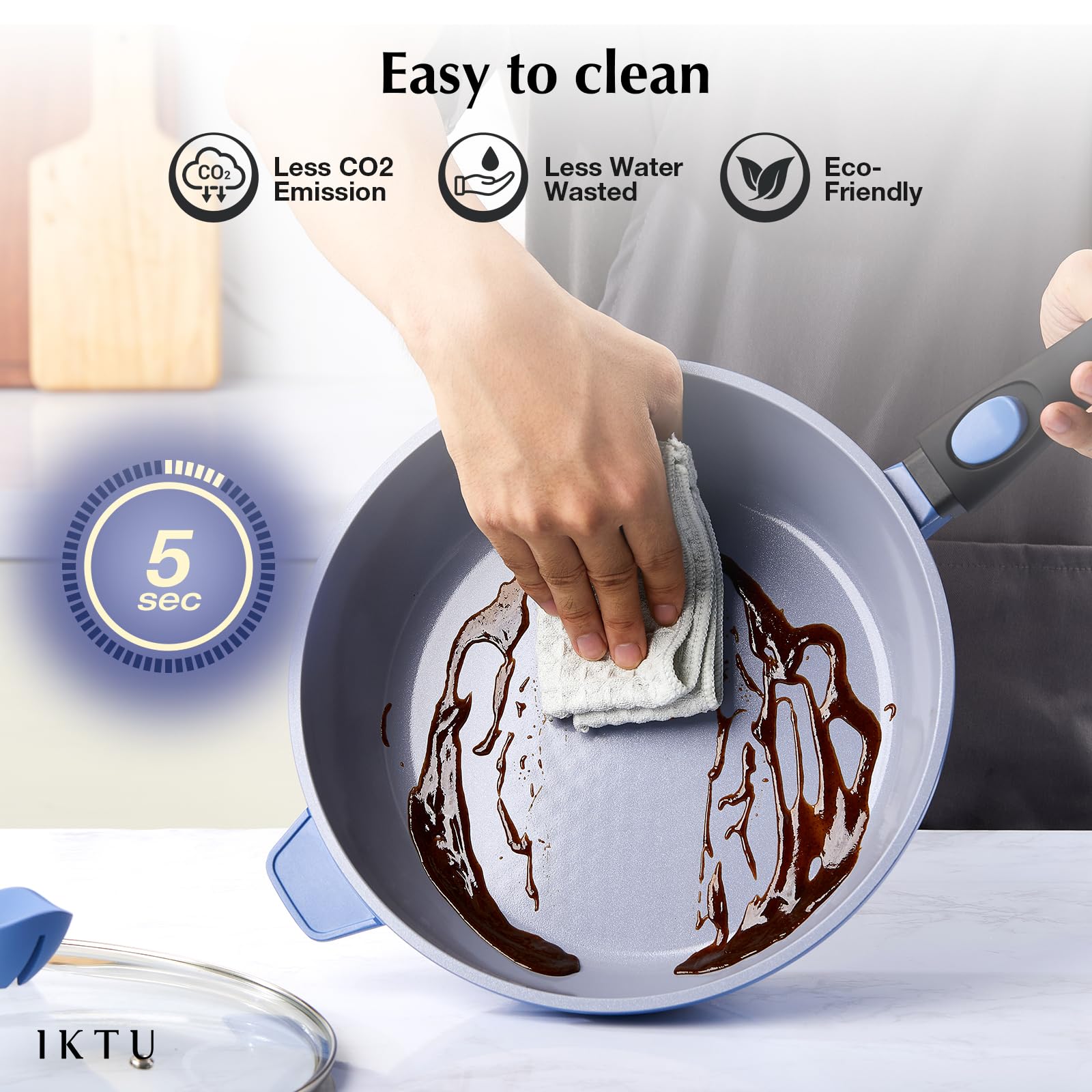 IKTU 11-Inch Ceramic Nonstick Deep Frying Pan - 4Qt Saute Pan with Lid & Helper Handle - PFAS PFOA & PTFE Free Induction Cookware - Perfect for Stir-Frying, Searing & Deep Frying - Detachable Handle for Easy Storage