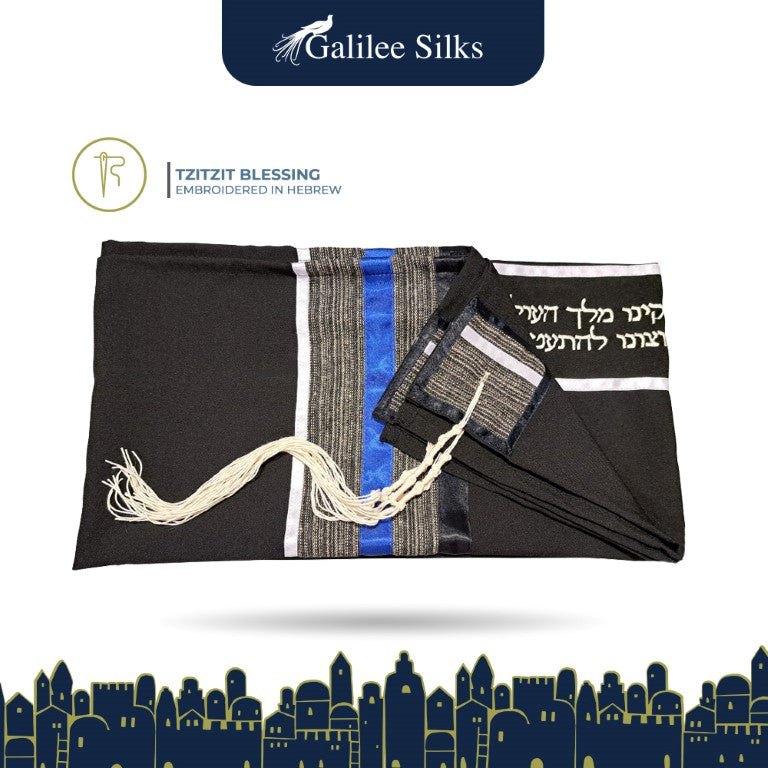Bar Mitzvah Tallit - Black Prayer Shawl with Blue & White Stripes for Jewish Ceremonies, Wedding Tallit | Perfect for Synagogue, Coming of Age & Religious Celebrations