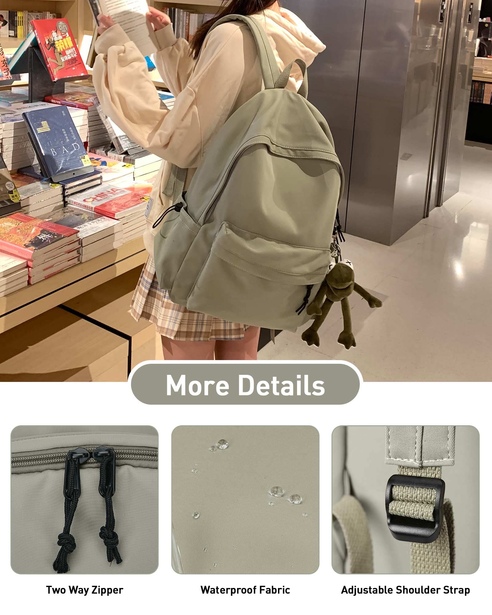 BJLFS Water Resistant School Backpack for Teens - Lightweight Green Book Bag for Middle & High School Girls & Boys | Perfect for Daily Use, Travel & Outdoor Activities