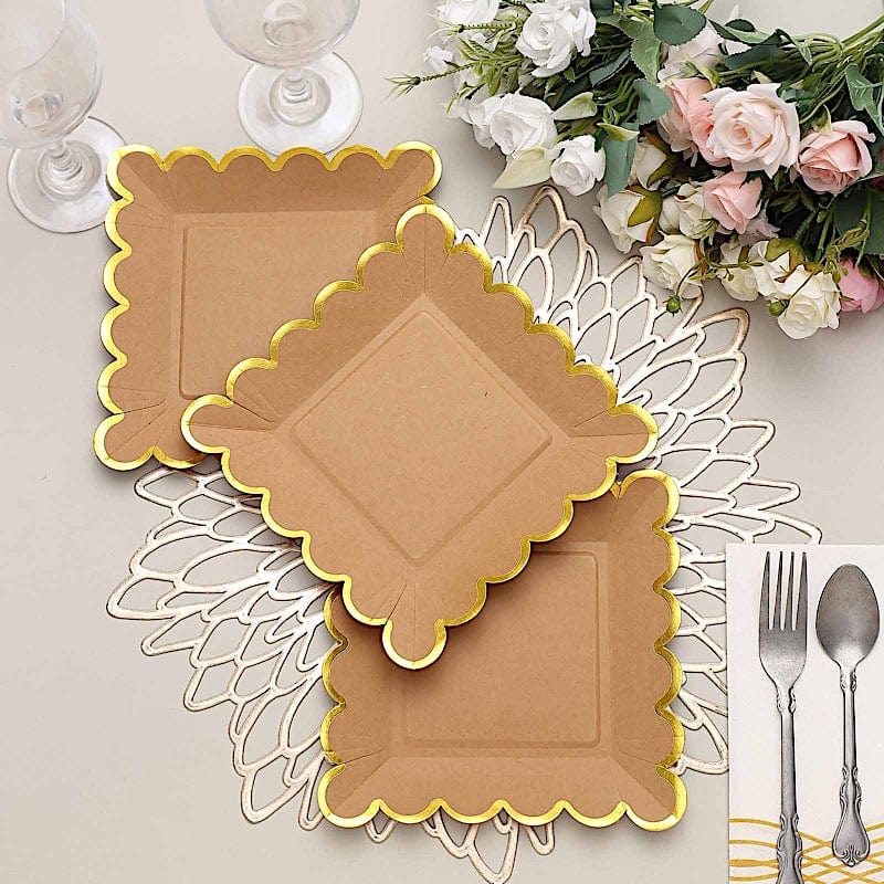 25 Square Natural Paper Salad Dinner Plates with Gold Scalloped Rim - Eco-Friendly Disposable Tableware for Parties, Weddings & Picnics