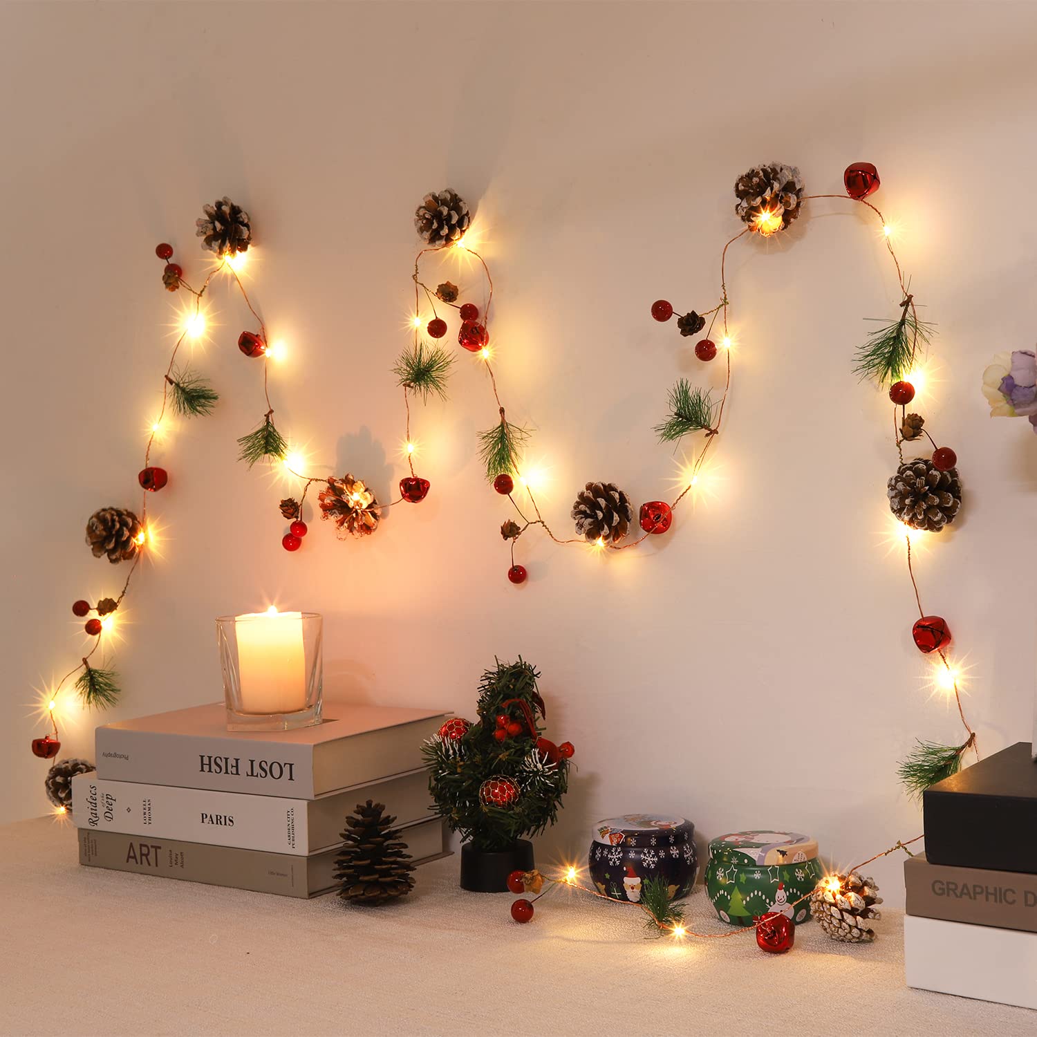 10FT 30LED Red Berry Pine Cone Christmas Garland Lights - Battery Operated Holiday Decor for Tree, Fireplace Mantel, Indoor Home & Party Decorations | Perfect for Xmas, Winter Weddings & Festive Events