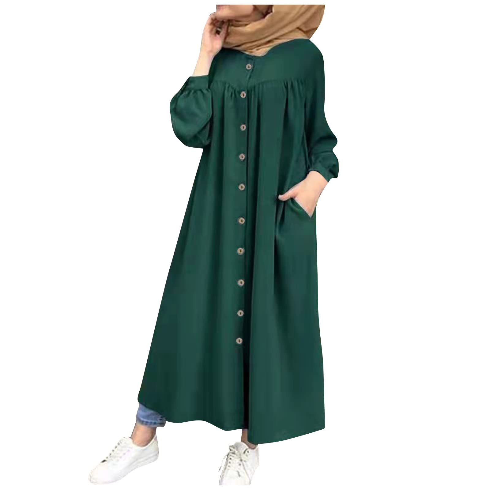 HAOREEKZ Women's Long Fall Dresses - Casual Loose Solid Color Long Sleeve Pocket Button Shirt Dress Robe for Autumn | Perfect for Office Wear, Date Night & Weekend Outings