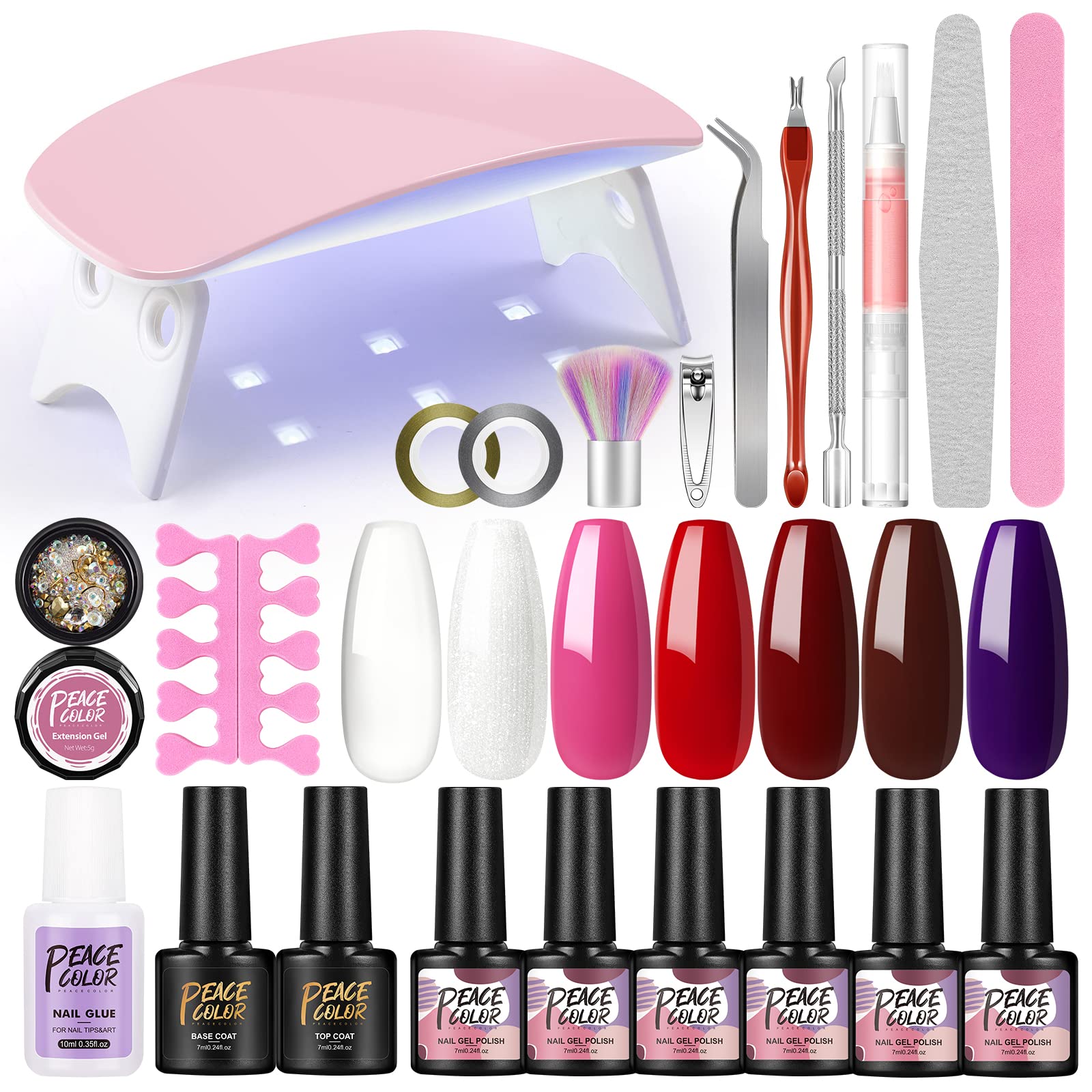 Peacecolor Semi-Permanent Nail Polish & UV Lamp Starter Kit - 6 Gel Polish Colors with Base Coat, Top Coat & Manicure Tools for DIY Nail Art at Home | Perfect for Salon-Quality Manicures, Nail Extensions & Gel Polish Designs