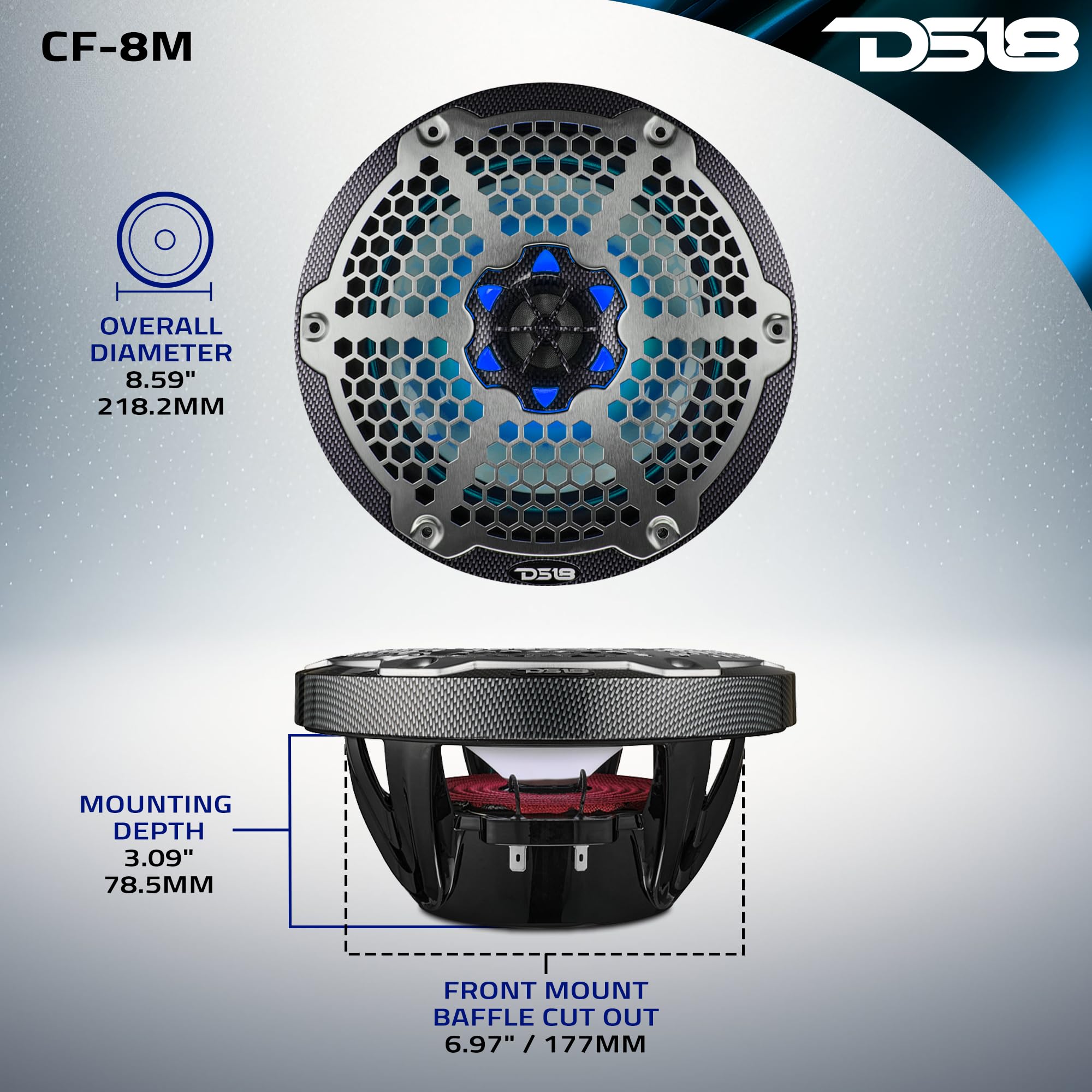 DS18 Hydro CF-8M 8 Inch 2-Way Coaxial Marine Speakers with RGB LED Lights - 125W RMS 4-Ohm Waterproof Boat Audio System, UV Resistant Carbon Fiber Design (Pair of 8