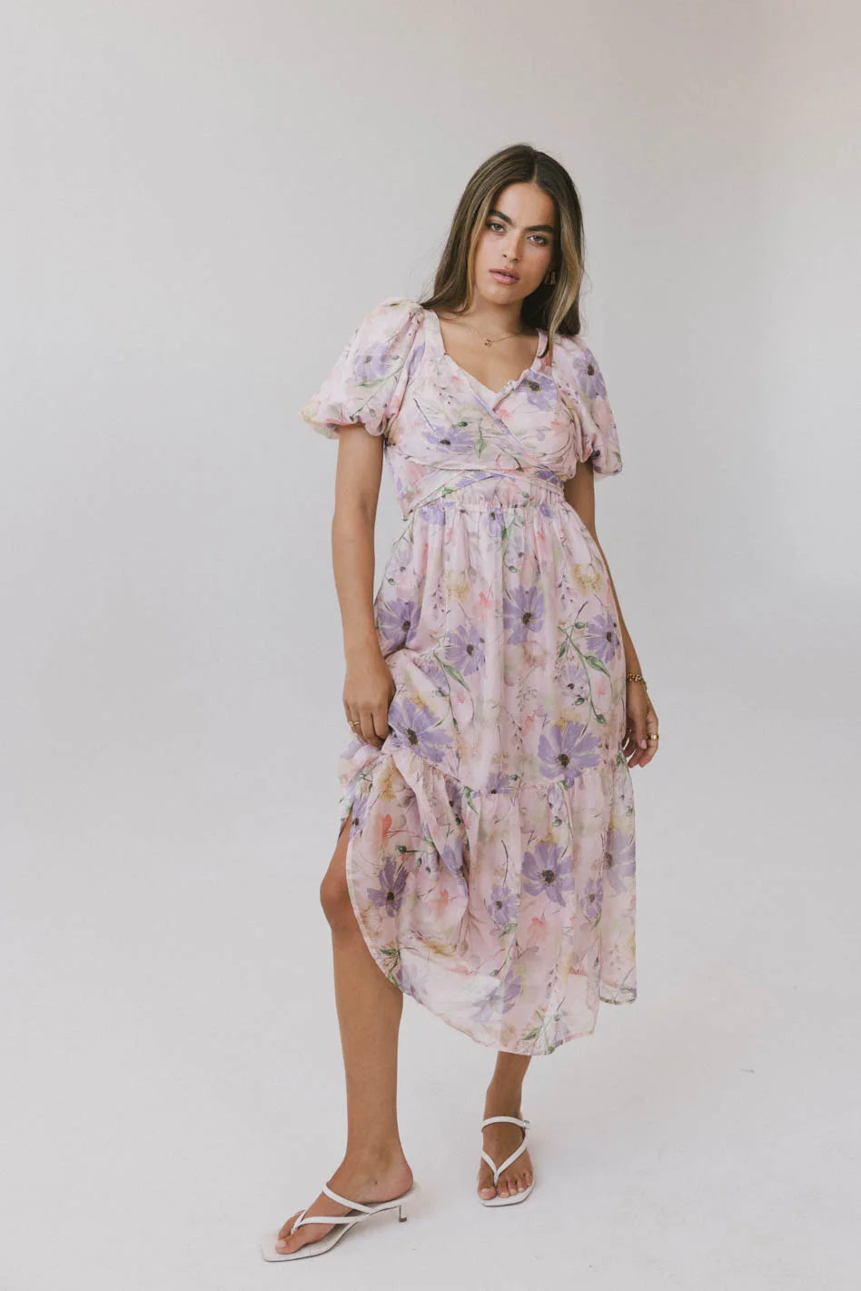 Angelique Floral Tie Dress in Pink - Women's Summer Flowy Midi Dress with Belt | Perfect for Weddings, Parties & Beach Vacations