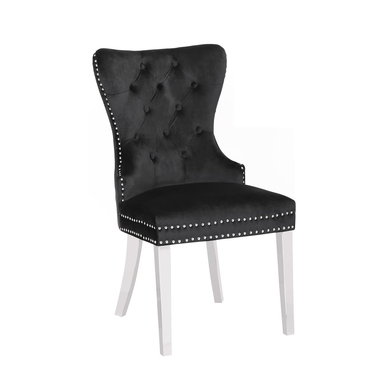 i-POOK Velvet Upholstered Dining Chairs Set of 2 - Modern Button Tufted Parsons Chairs with Metal Legs, Ring Pull & Nailhead Trim - Elegant Accent Chairs for Kitchen, Dining Room & Living Room - Perfect for Entertaining & Home Decor (Black)